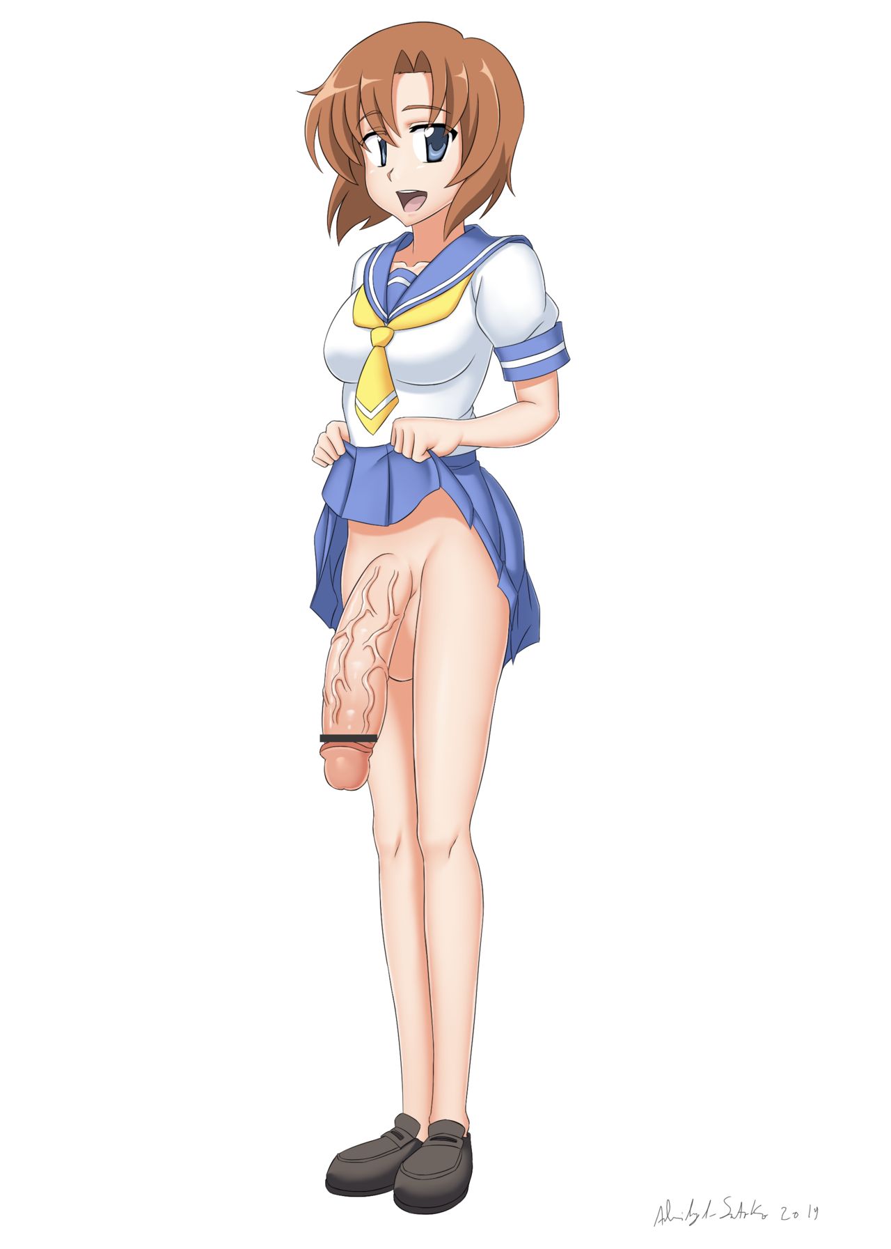 07th expansion, 1futa, 2019, abridged-satoko, balls, big balls, big penis, black socks, blue eyes, bottomless, breasts, cleavage, clothed, clothing, flaccid, foreskin, futa only, futanari, higurashi no naku koro ni, huge cock, human, intersex, legs, light skin, light-skinned futa, mostly clothed, orange hair, penis, retracted foreskin, ryuuguu rena, skirt, skirt lift, socks, solo, solo futa, standing, students, uncircumcised, uncut