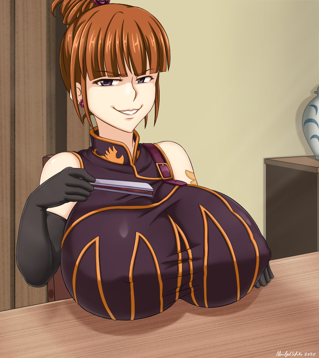 07th expansion, 1girls, abridged-satoko, alternate breast size, big breasts, breasts, brown hair, eva ushiromiya, female, folding fan, hair bun, huge breasts, large breasts, mature female, milf, room, smile, solo, solo female, source request, umineko no naku koro ni