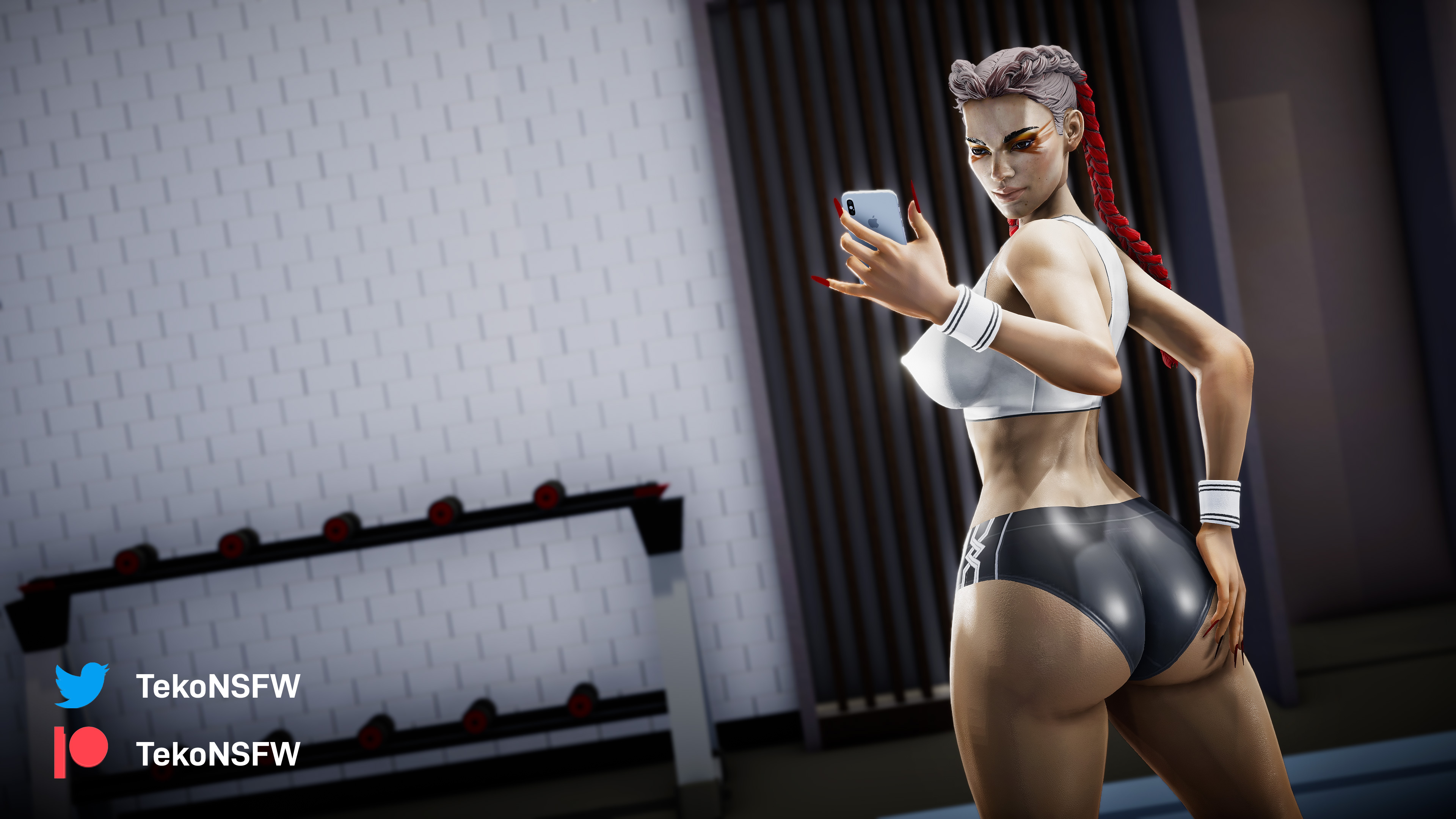 1girls, 3d, apex legends, ass, back view, big ass, big breasts, braided hair, breasts, cellphone, dark skin, dark-skinned female, female, female only, grabbing own ass, gym, loba (apex legends), patreon username, respawn entertainment, selfie, shorts, solo female, sports bra, tekonsfw, twitter username, two-tone hair
