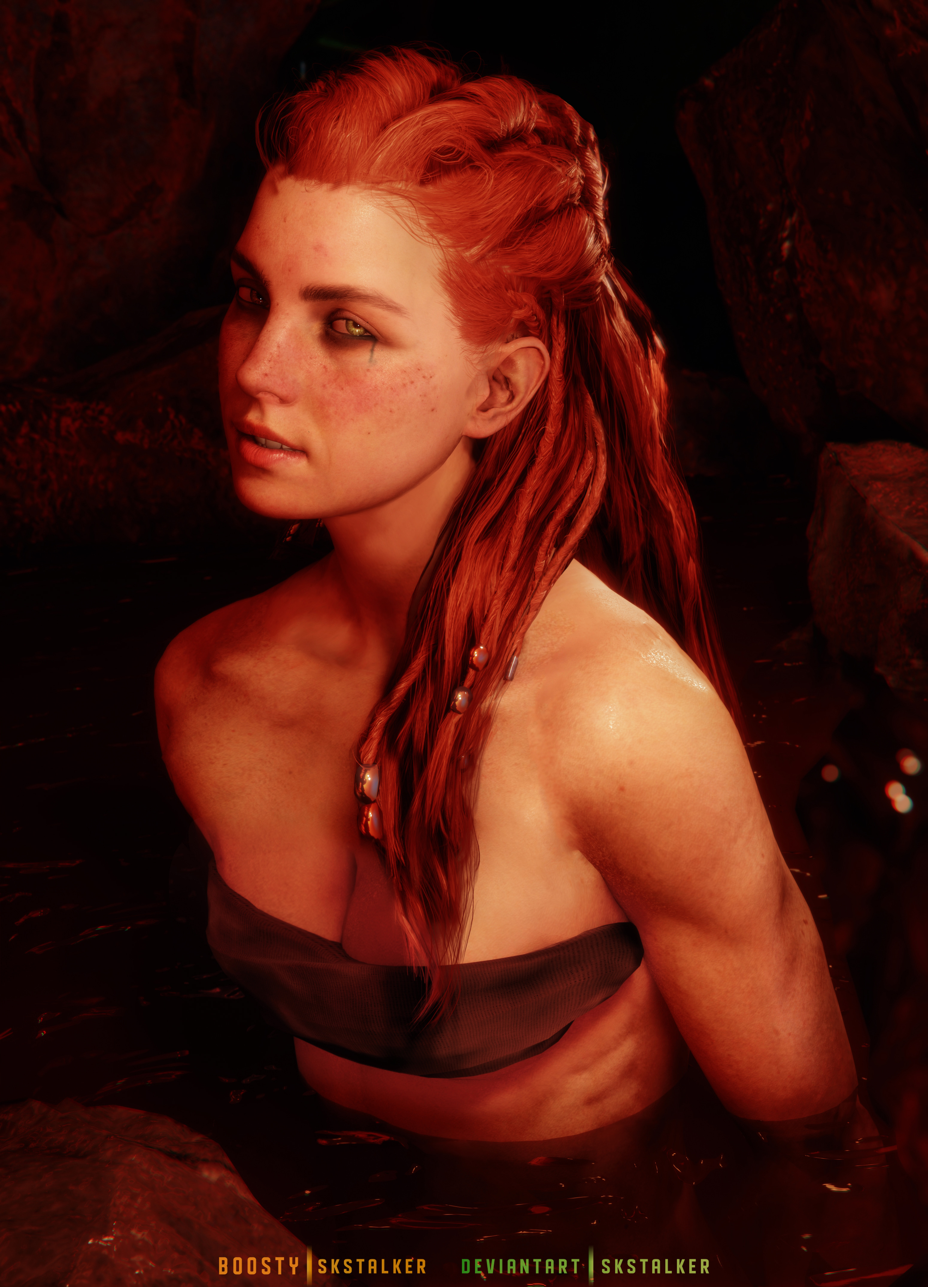 1girls, 3d, absurd res, aloy, bare shoulders, bra, braided hair, breasts, cleavage, female, female focus, female only, freckles, green eyes, horizon forbidden west, horizon zero dawn, in water, long hair, looking at viewer, muscular, muscular female, red hair, shiny skin, skstalker, small breasts, solo, solo female, solo focus, sony interactive entertainment, upper body, wet skin