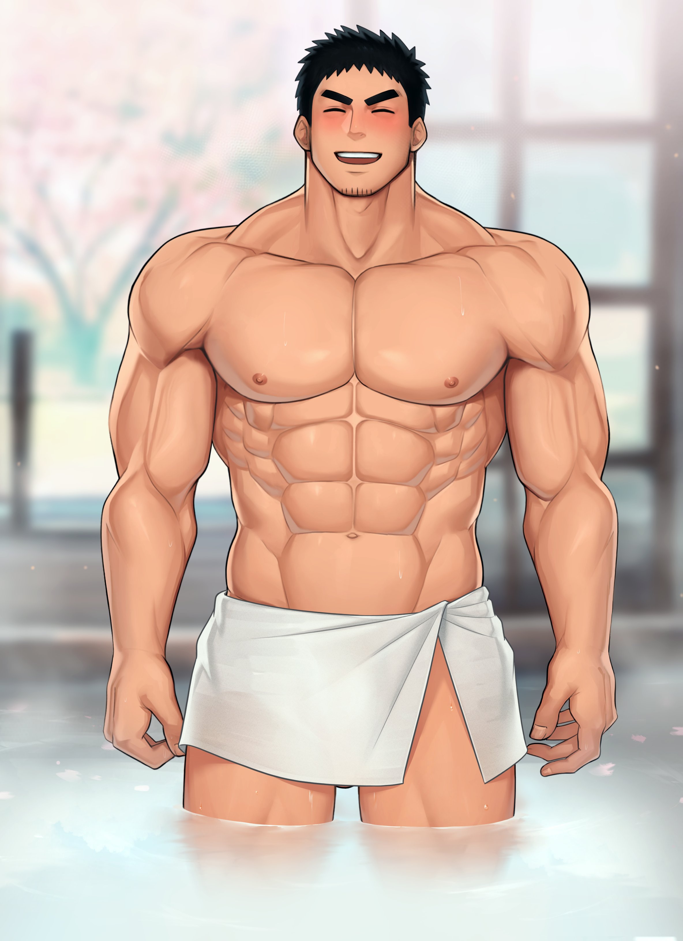 1boy, bara, gay, male, male only, mikicat, muscles, muscular, naked towel, onsen, senpai ga uzai kouhai no hanashi, solo, solo male, takeda harumi, towel, towel around waist, towel only, yaoi