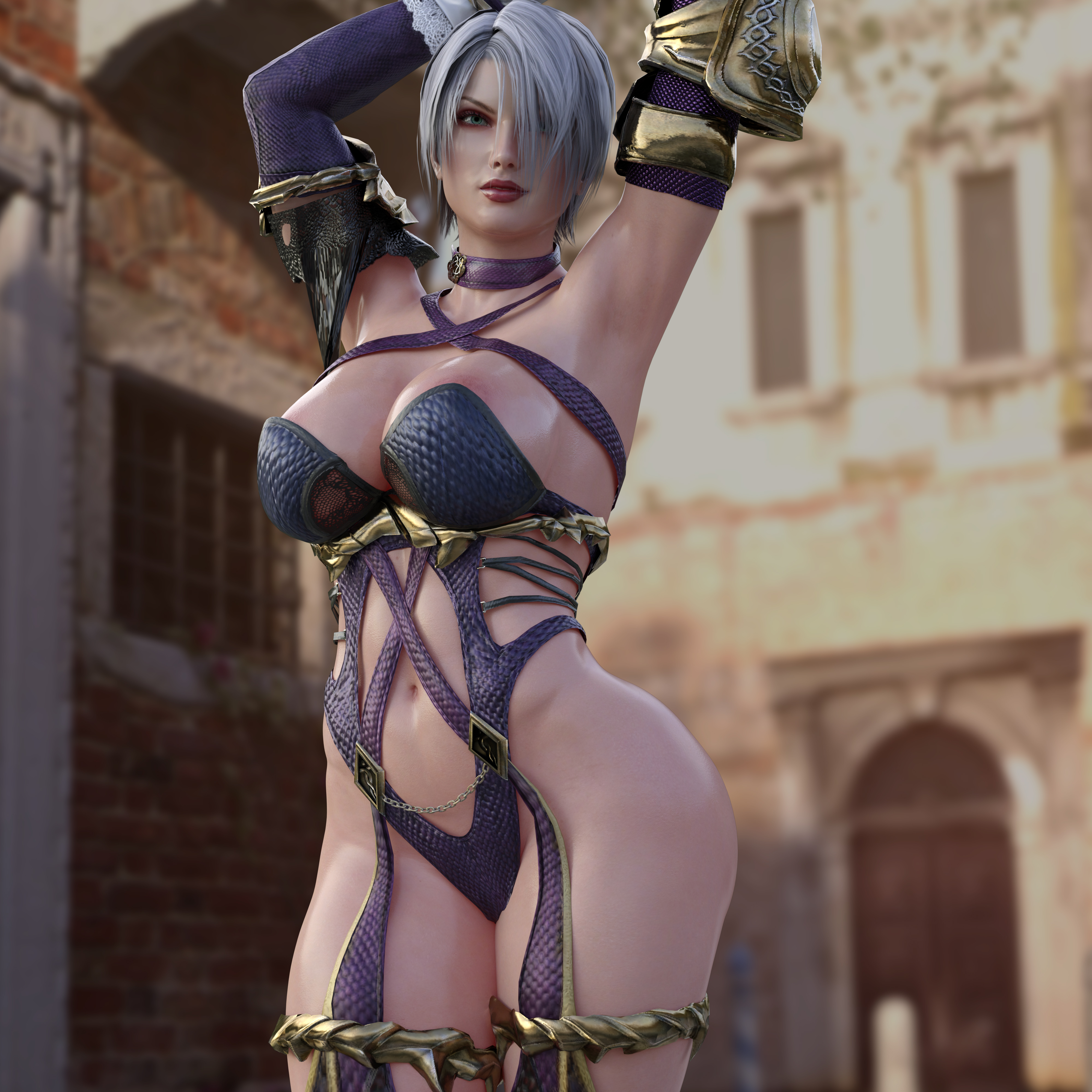 1girls, 3d, absurd res, blender, blue eyes, breasts, cleavage, female, female only, hi res, isabella valentine, nordfantasy, solo, soul calibur, useless clothing, white hair