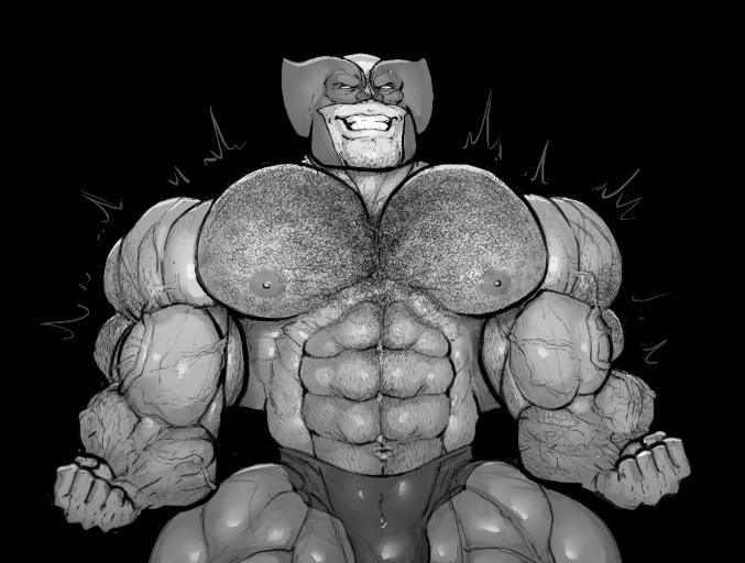 1boy, abs, bara, belly button, biceps, bodybuilder, bulge, chest hair, flaccid, male, male only, marvel, marvel comics, monochrome, muscle growth, muscles, muscular, muscular male, nipples, pecs, penis, ripped-saurian, smiling, solo, solo male, veins, wolverine (x-men), x-men, yaoi