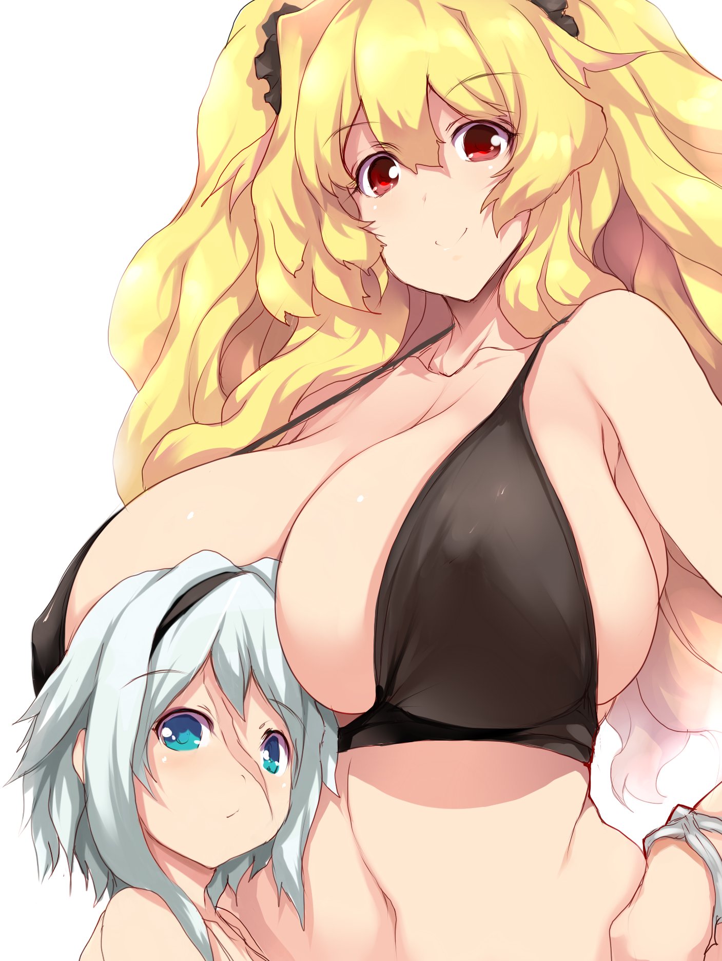 2girls, anne bonny (fate), anne bonny (fate/grand order), anne bonny (swimsuit archer) (fate), bangs, bare shoulders, bikini, black bikini, black hairband, blonde hair, blue eyes, blush, bracelet, breasts, cleavage, collarbone, fate (series), fate/grand order, female, hairband, highres, huge breasts, jewelry, long hair, looking at viewer, mary read (fate), mary read (fate/grand order), mary read (swimsuit archer) (fate), multiple females, multiple girls, navel, red eyes, scar, scar on face, short hair, sidelocks, small breasts, smile, swimsuit, tsukasawa takamatsu, two side up, white bikini, white hair