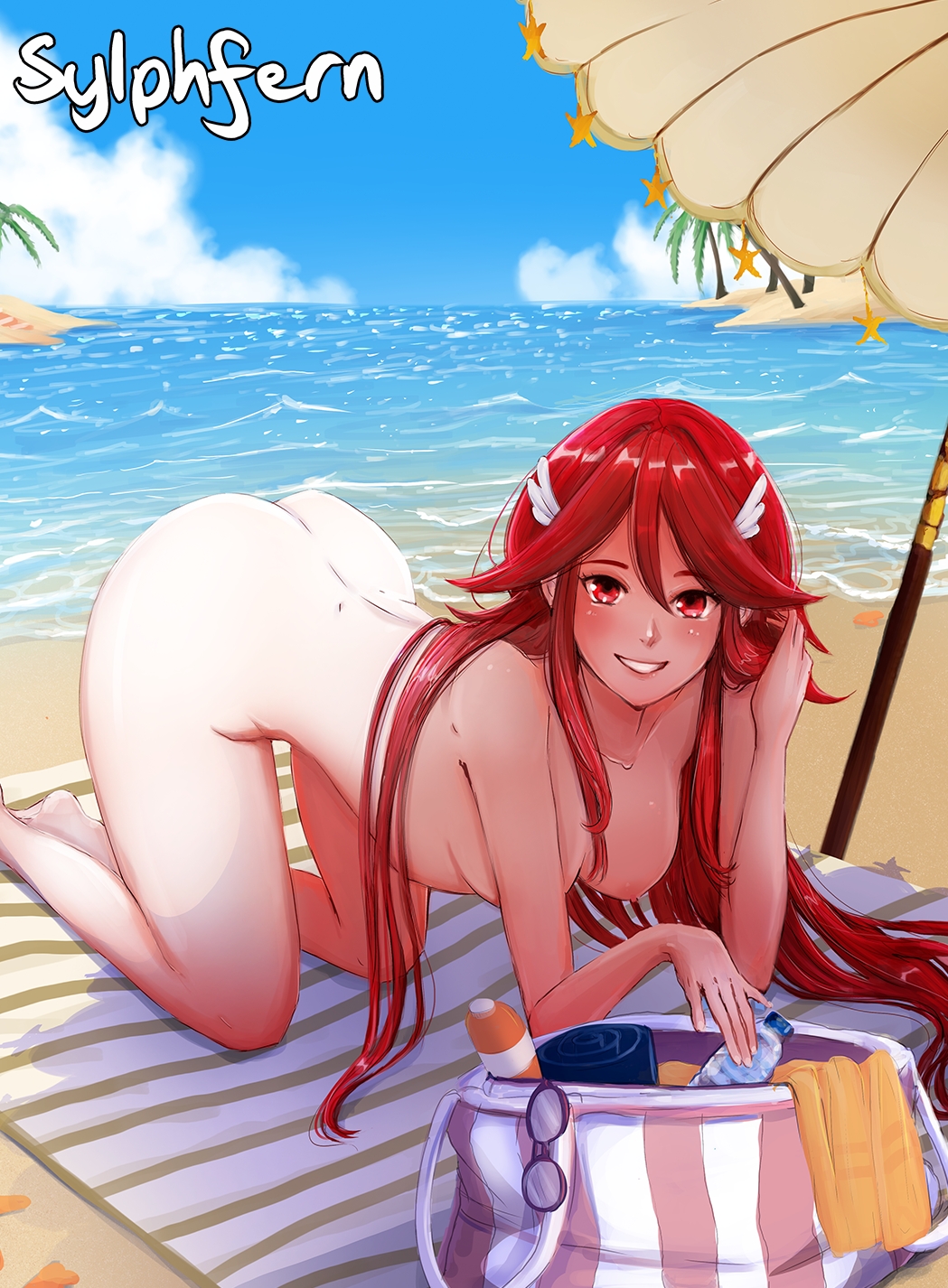 1girls all_fours artist_name ass bag beach beach_umbrella bent_over big_ass blue_sky blush bottle breasts commission completely_nude cordelia_(fire_emblem) dimples_of_venus female female_only fire_emblem fire_emblem_awakening glasses grin hair_between_eyes hair_ornament hand_in_own_hair highres kneeling long_hair looking_at_viewer lotion medium_breasts nintendo nipples nude nude_female ocean palm_tree red_eyes red_hair sky smile solo sunscreen sylphfern teeth towel tree umbrella very_long_hair water water_bottle waves wing_hair_ornament