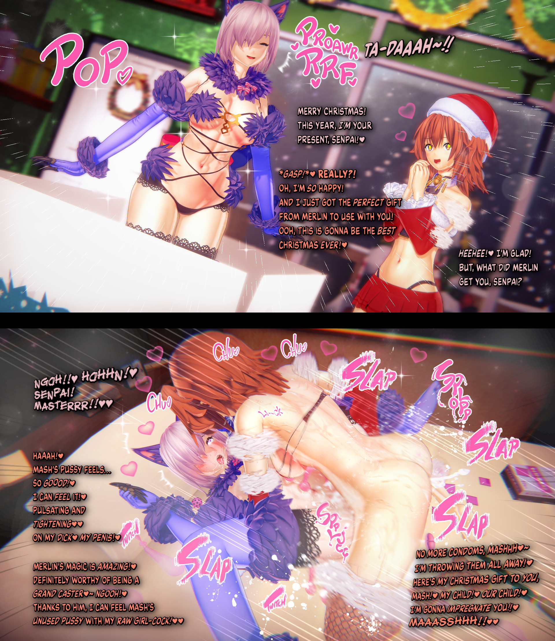 1futa, 1girls, 3d, christmas, christmas hat, christmas headwear, english text, fate (series), fate/grand order, female, fujimaru ritsuka (female), futa on female, futanari, instant loss, instant loss 2koma, intersex, mash kyrielight, mash kyrielight (dangerous beast), sex, text, v-kris