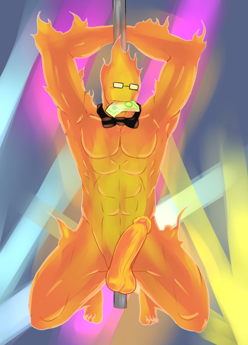 abs arms_behind_pole balls_hang biceps blush bowtie eight_pack fire glasses grillby male_only money_in_mouth naked penis strip_club stripper stripper_pole tagme testicles undertale