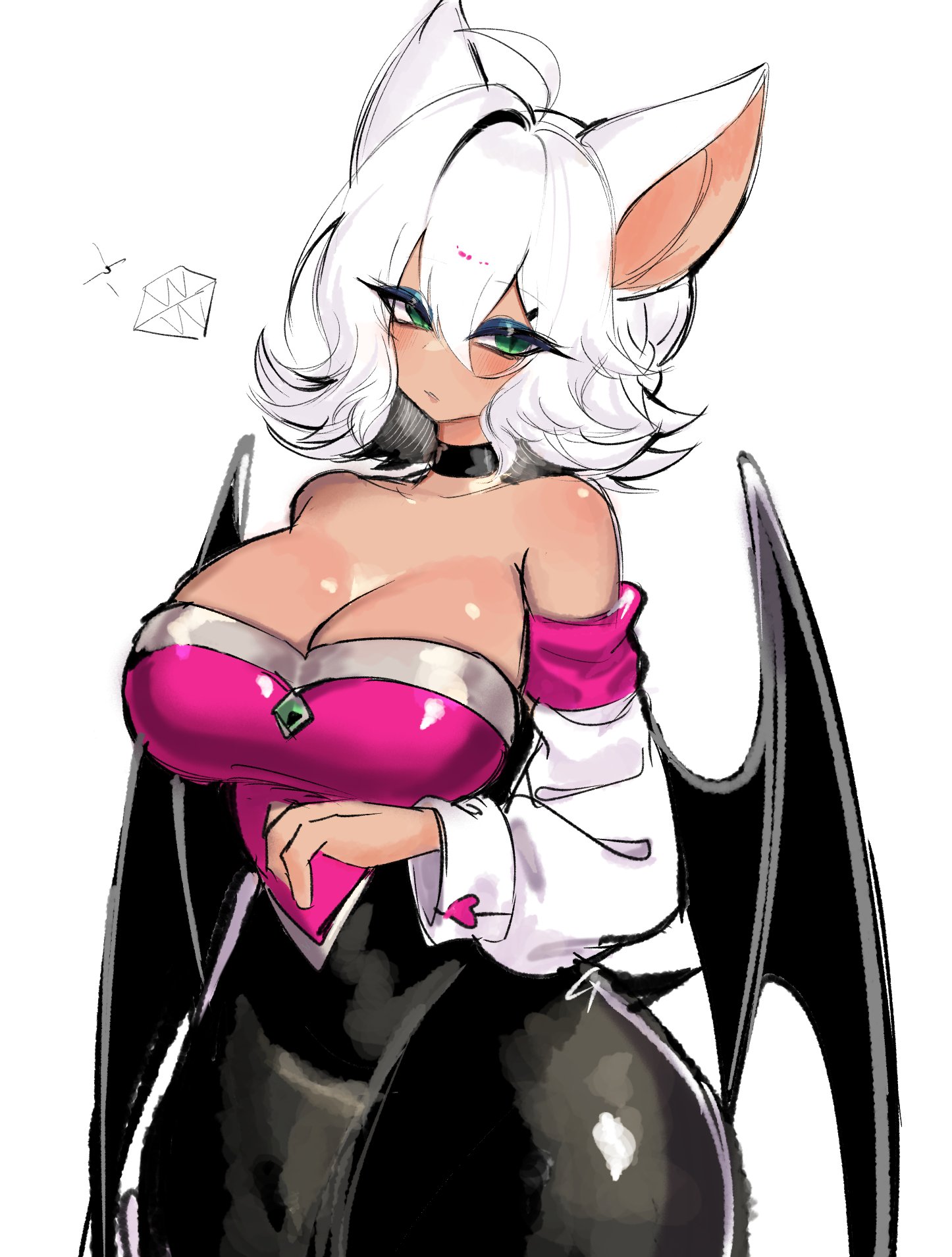 ahoge, animal ears, big breasts, blush, breasts, choker, cleavage, female, female only, green eyes, human rouge, humanized, large breasts, rouge the bat, sega, short hair, simple background, sonic (series), thick thighs, usa37107692, white background, white hair, wide hips, wings