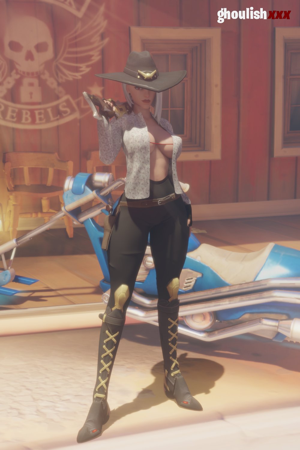 1girls, 3d, ashe (overwatch), big breasts, blender, breasts, clothed, cowboy hat, cowgirl, cowgirl hat, female, female only, ghoulishxxx, light skin, light-skinned female, looking at viewer, overwatch, overwatch 2, solo, weapon over shoulder
