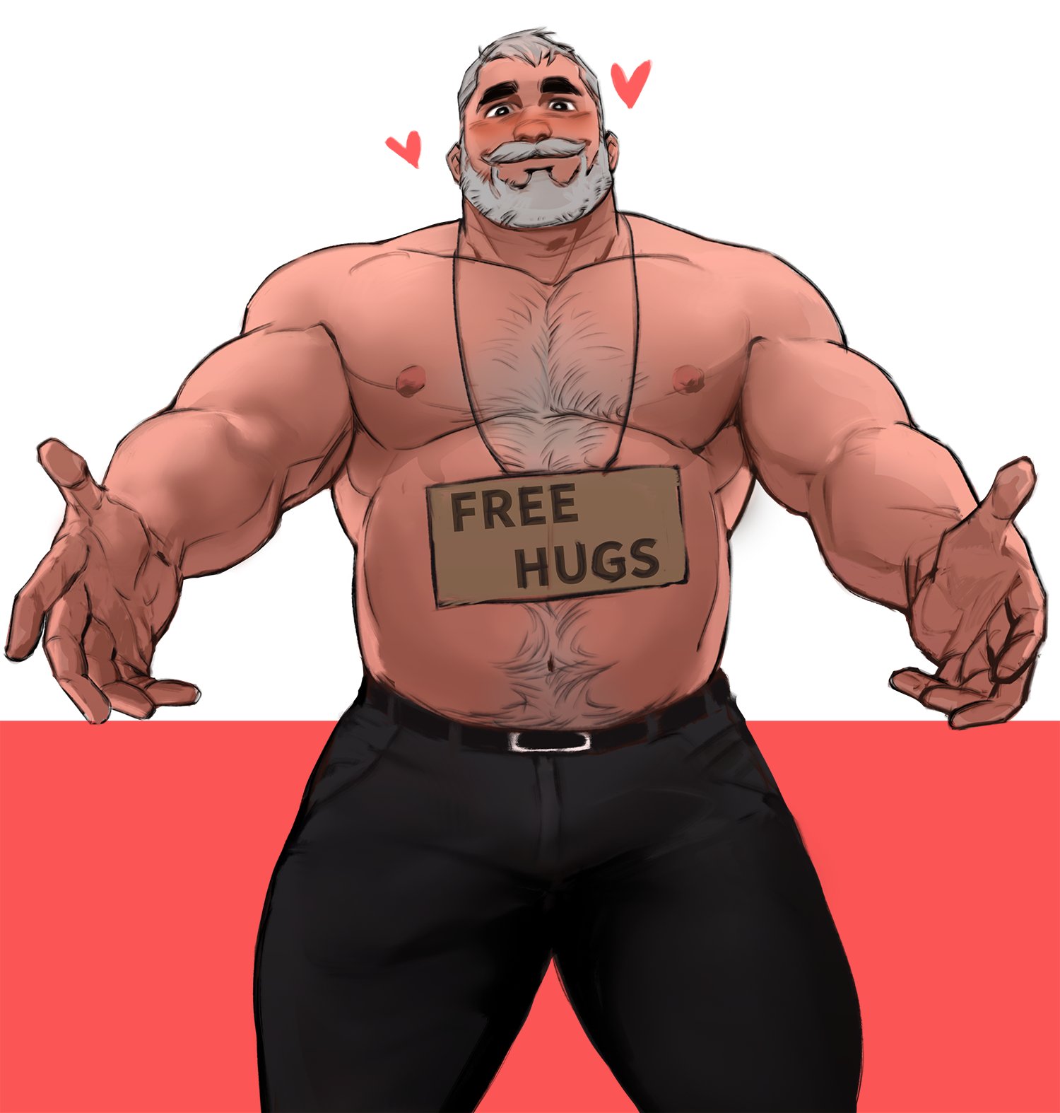 1boy, bara, beard, beefy, body hair, dopq, facial hair, free hugs, grandpa hino, hairy, hairy male, hug invitation, human, imminent hug, light skin, light-skinned male, male, male nipples, male only, masculine male, mature male, musclegut, muscles, muscular, muscular male, mustache, nipples, no visible genitalia, pecs, solo, thick eyebrows, topless male, white hair, wholesome, yaoi