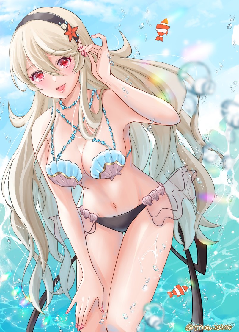 alternate_costume breasts corrin_(fire_emblem) corrin_(fire_emblem)_(female) corrin_(summer)_(fire_emblem)_(female) female female_only fire_emblem fire_emblem_cipher fire_emblem_fates nintendo official_alternate_costume outdoors shell_bikini snow20200 solo