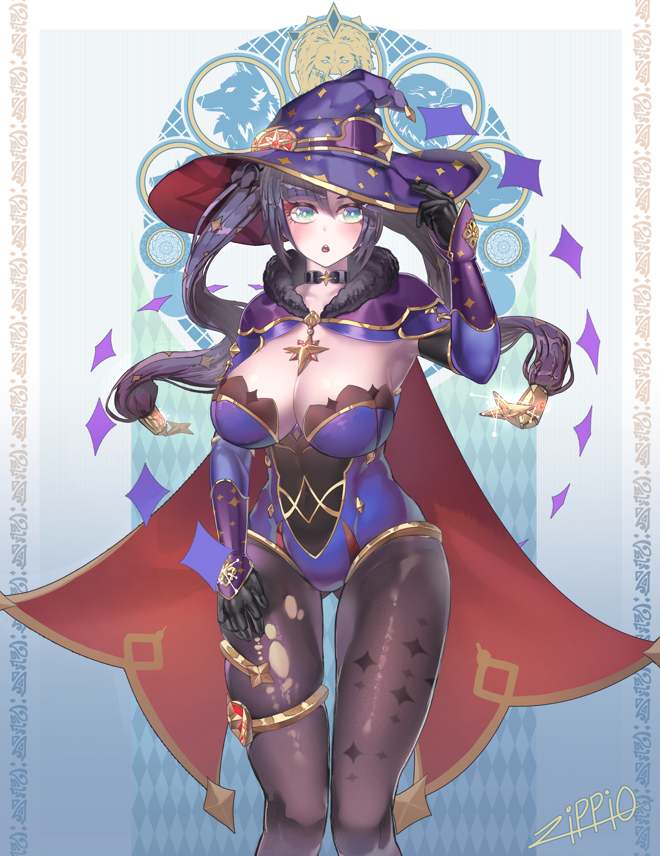 1girls, ass, ass visible through thighs, big breasts, black hair, blue eyes, breasts, cape, choker, female, female only, genshin impact, hat, huge breasts, leggings, leotard, mona (genshin impact), open mouth, ripped leggings, solo, solo female, thick thighs, thighs, twintails, witch hat, zippio95