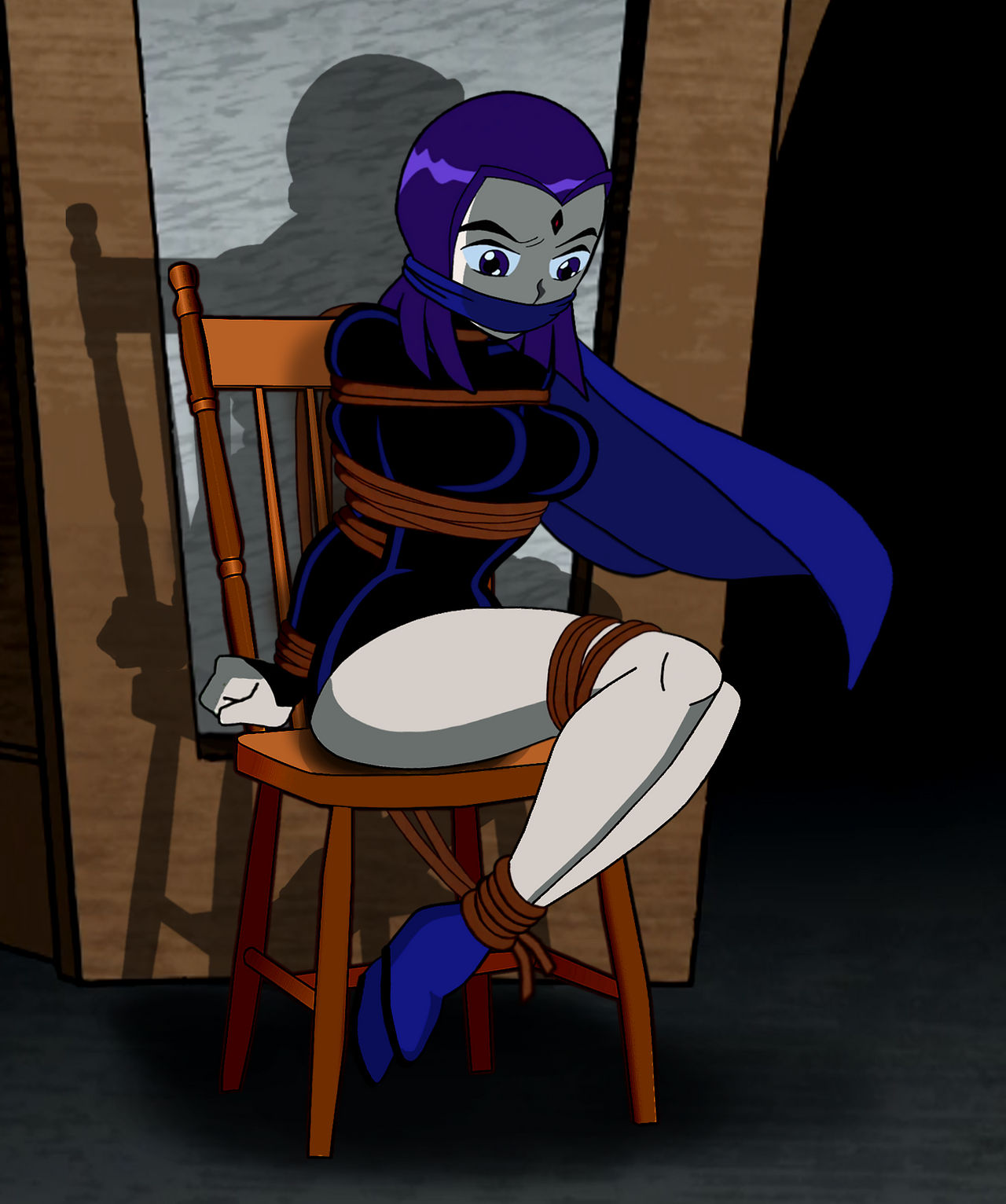 1girls bound chair_bondage clothed clothed_female dc dc_comics female female_only forehead_jewel gag gagged liganometry purple_hair rachel_roth raven_(dc) rope_bondage solo solo_female straight_hair teen_titans