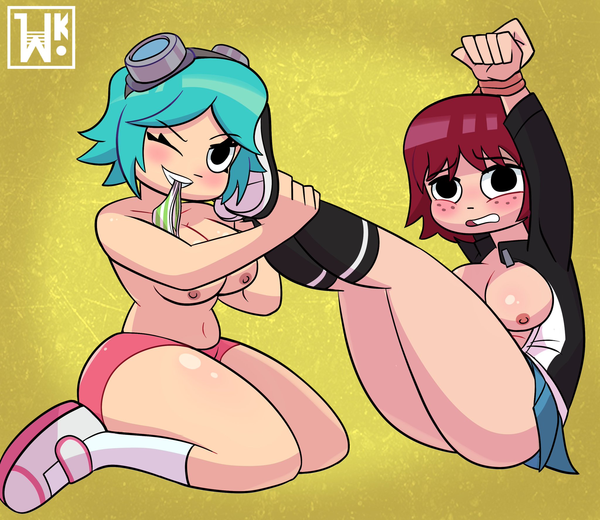 2girls, blue hair, blush, bondage, bottomless, breasts, embarrassed, embarrassed nude female, female, goggles, goggles on head, helpless, humiliation, kim pine, legs up, looking at viewer, multiple females, multiple girls, nipples, no bra, no panties, on knees, open shirt, panties, panties in mouth, ramona flowers, red hair, rope, rope bondage, scott pilgrim, thick thighs, thighs, tied up, topless, topless female, wink, winking, winking at viewer, wk-ghostie