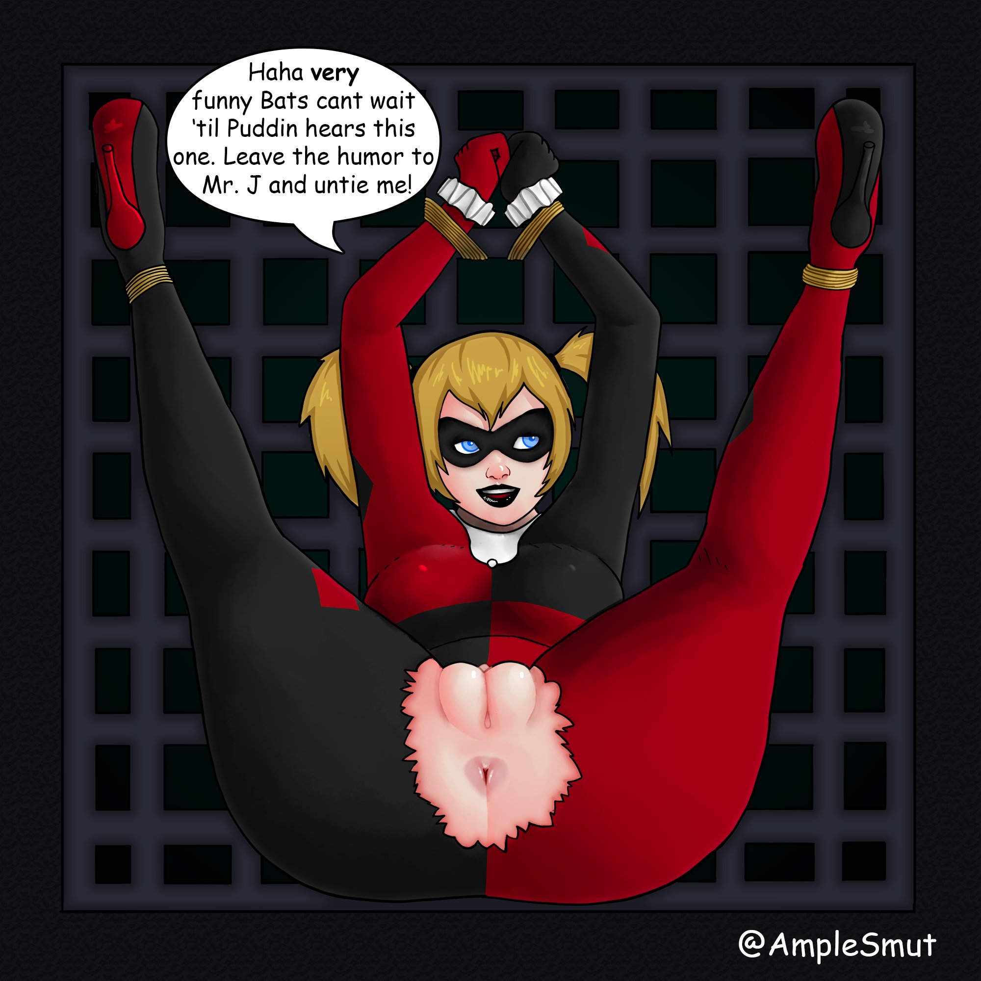 1girls, anus, batman (series), blonde hair, clothed, clothing, dc, dc comics, english text, eyemask, female, female only, harley quinn, harley quinn (classic), high heels, mask, masked female, pigtails, pussy, ripped clothing, shaved pussy, smutista, solo, speech bubble, text, thick thighs, tied hands, tied legs, tied up, twintails