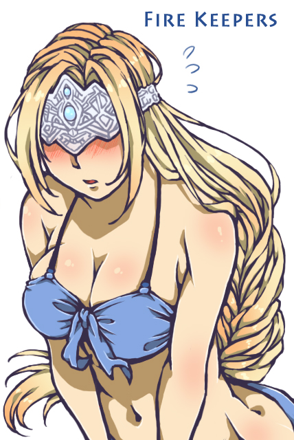 big breasts, bikini, blonde hair, blue bikini, blush, braided hair, breasts, cleavage, dark souls, dark souls 3, eye mask, eyes covered, female, female only, fire keeper, fromsoftware, long hair, mask, solo