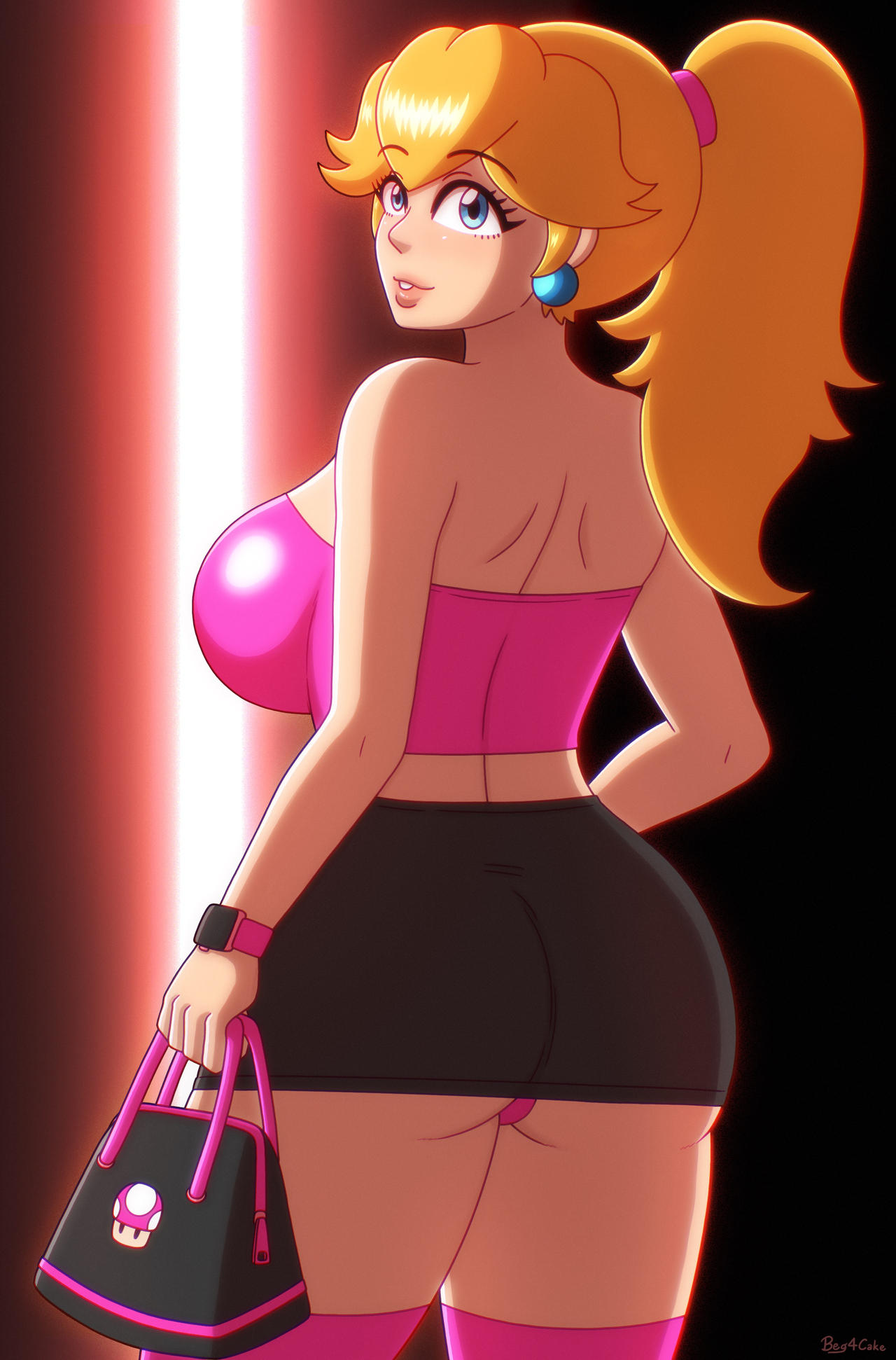 ass beg4cake blonde_hair blue_eyes bottomwear breasts earrings light-skinned_female light_skin mario_(series) nintendo ponytail princess_peach purse smiling thighs underwear voluptuous