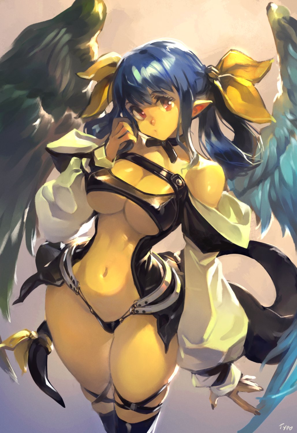 1girls, angel wings, asymmetrical wings, bangs, belt, black legwear, black panties, blue hair, breasts, center opening, choker, cleavage, detached sleeves, dizzy (guilty gear), female, fingernails, guilty gear, hair ribbon, hair rings, highres, large breasts, legs together, long hair, long sleeves, looking at viewer, monster girl, navel, off shoulder, optionaltypo, panties, pointy ears, puffy long sleeves, puffy sleeves, red eyes, ribbon, shaded face, shiny, shiny skin, signature, skindentation, solo, stomach, sunlight, tail, tail ornament, tail ribbon, thick thighs, thigh strap, thighhighs, thighs, toned, twintails, underboob, underwear, wide hips, wings, yellow ribbon