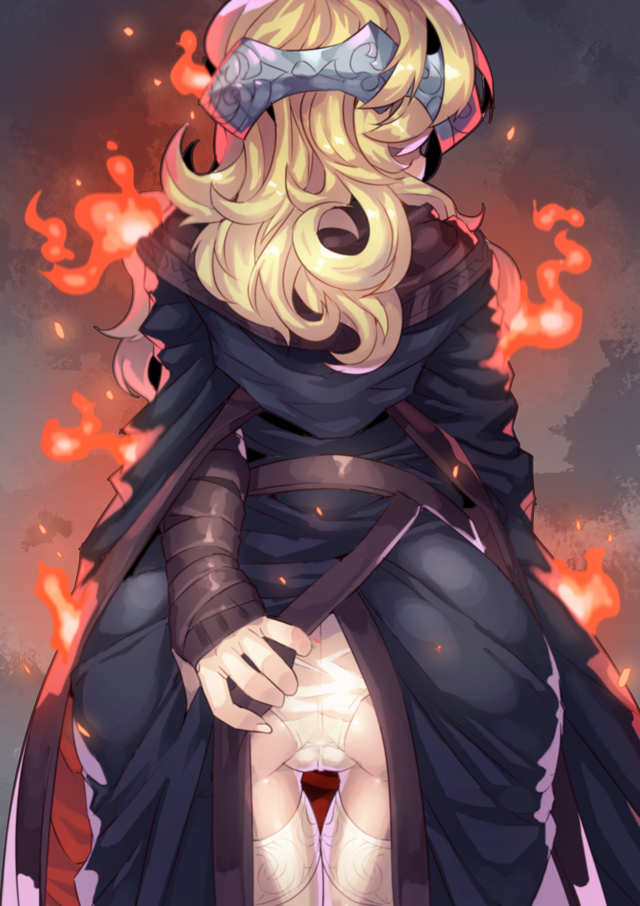 blonde hair, dark souls, dark souls 3, dress lift, female, female only, fire, fire keeper, flashing, fromsoftware, fully clothed, headband, headgear, lifted by self, long hair, panties, presenting, rear view, solo, thigh gap, thighhighs, white legwear, white panties, white thighhighs