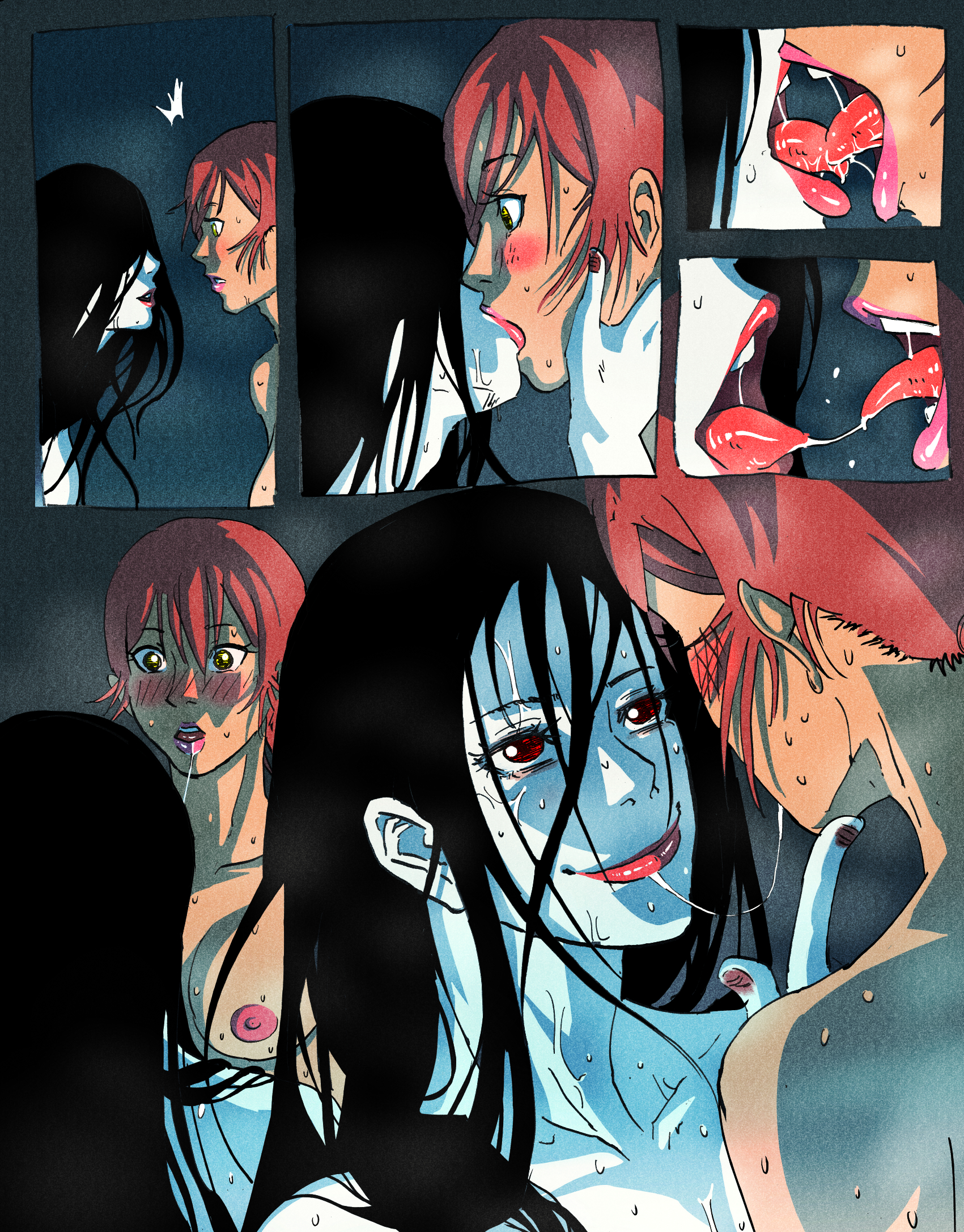 1futa, after sex, areolae, balls, big breasts, blush, breasts, brown hair, comic, dickgirl, duo, female, french kiss, futanari, ghost, human, humanoid, intersex, kissing, long hair, nipples, nude, penis, pussy, red eyes, standing, text, the ring, uselessbegging, white skin, wholesome, yamamura sadako, yuri