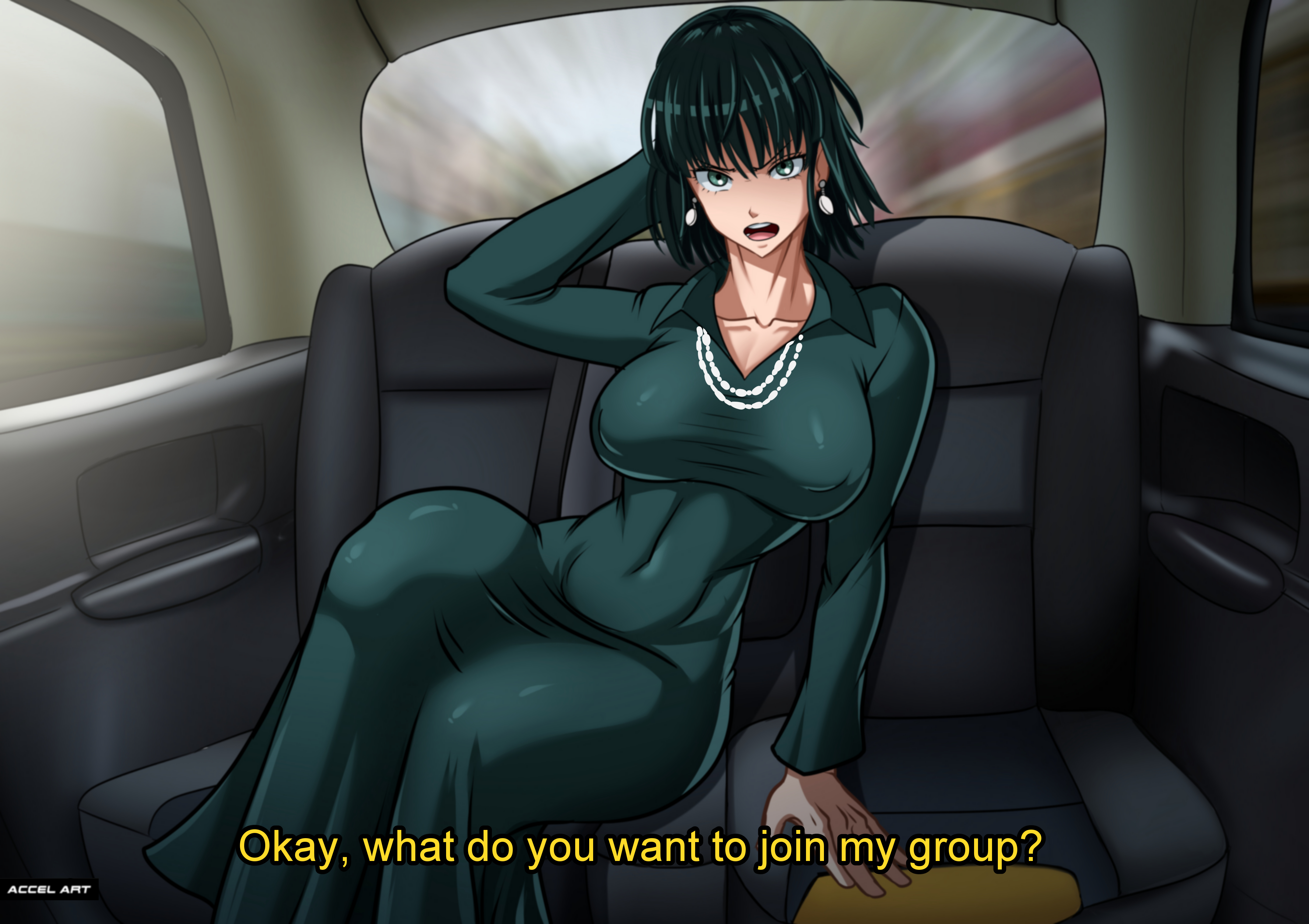 1girls, accelart, ass, big ass, big breasts, blush, breasts, dark hair, dialogue, fake taxi, female, fubuki (one-punch man), green eyes, green hair, hips, medium hair, midriff, one-punch man, short hair, taxi, thick, thick ass, thick thighs, voluptuous, wide hips
