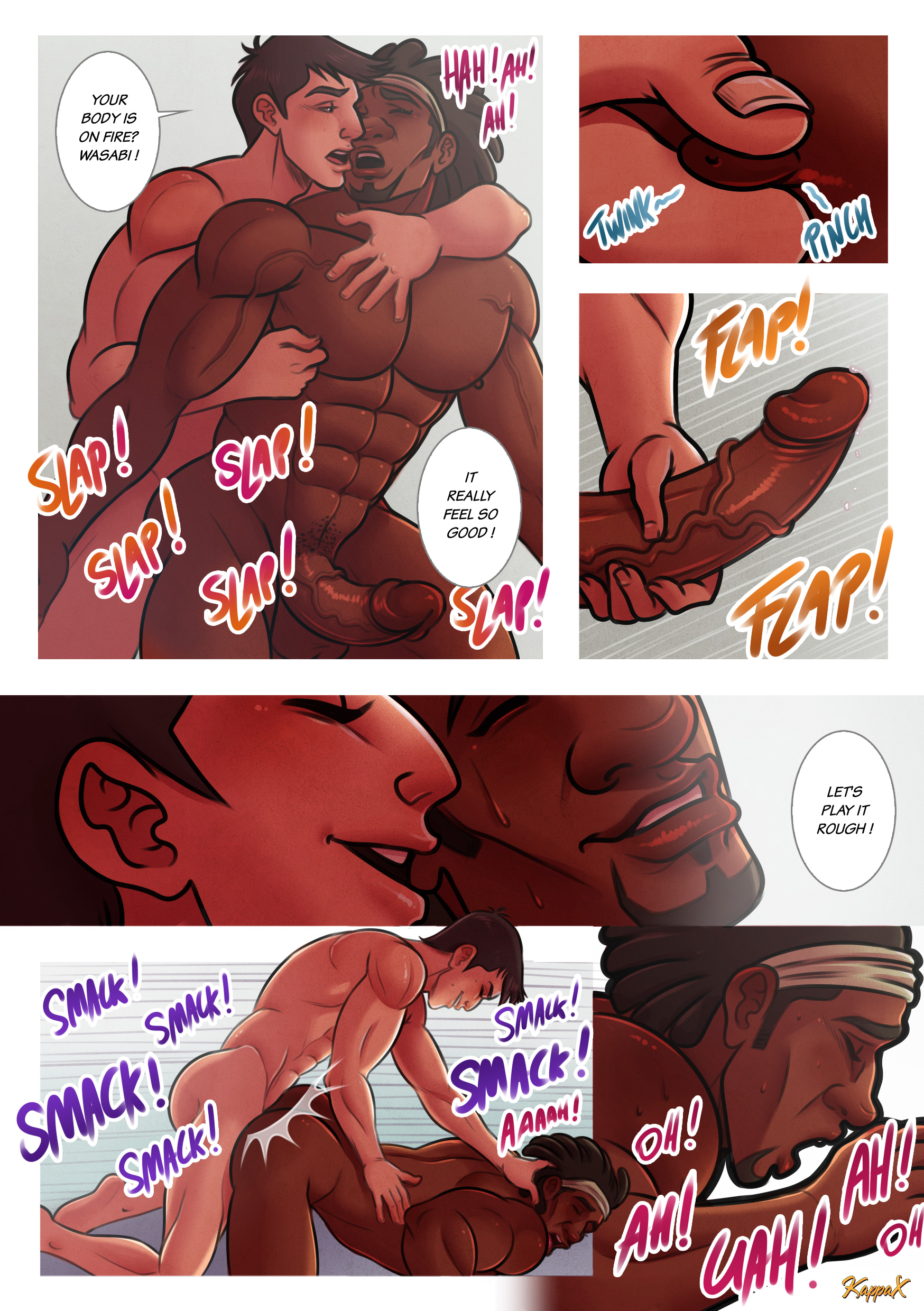 2boys, bara, big hero 6, comic, comic page, dark skin, dark-skinned male, disney, gay, interracial, kappax, light skin, light-skinned male, looking pleasured, male, male moaning, male only, male/male, marvel, marvel comics, nipple pinch, open mouth, penis, speech bubble, tadashi hamada, veiny penis, wasabi-no-ginger, yaoi