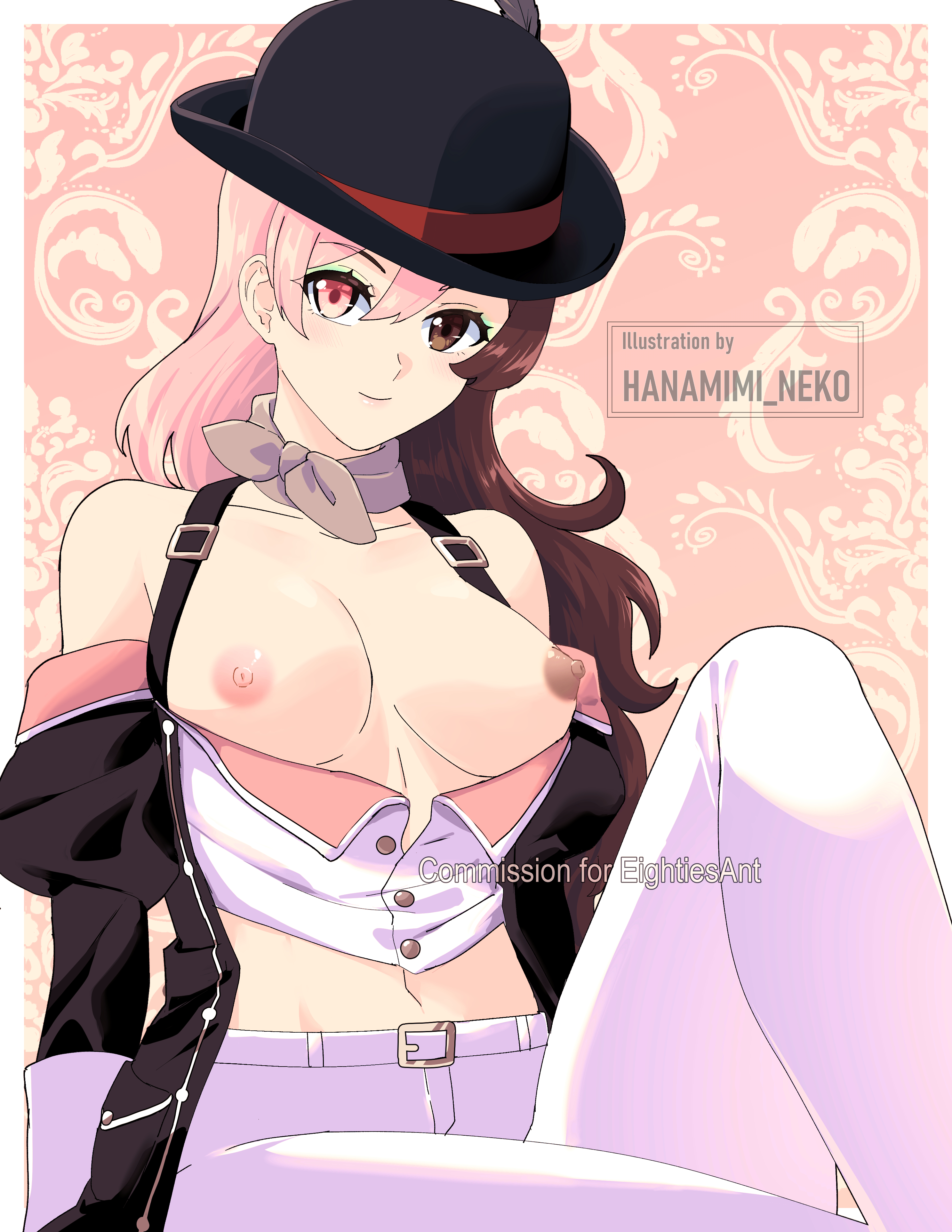 boobs, breasts, brown eyes, brown hair, clothing, female, hanamimi neko, hat, heterochromia, human, multicolored hair, multicolored nipples, neo (rwby), nipples, pink eyes, pink hair, rwby, solo, solo female, tagme