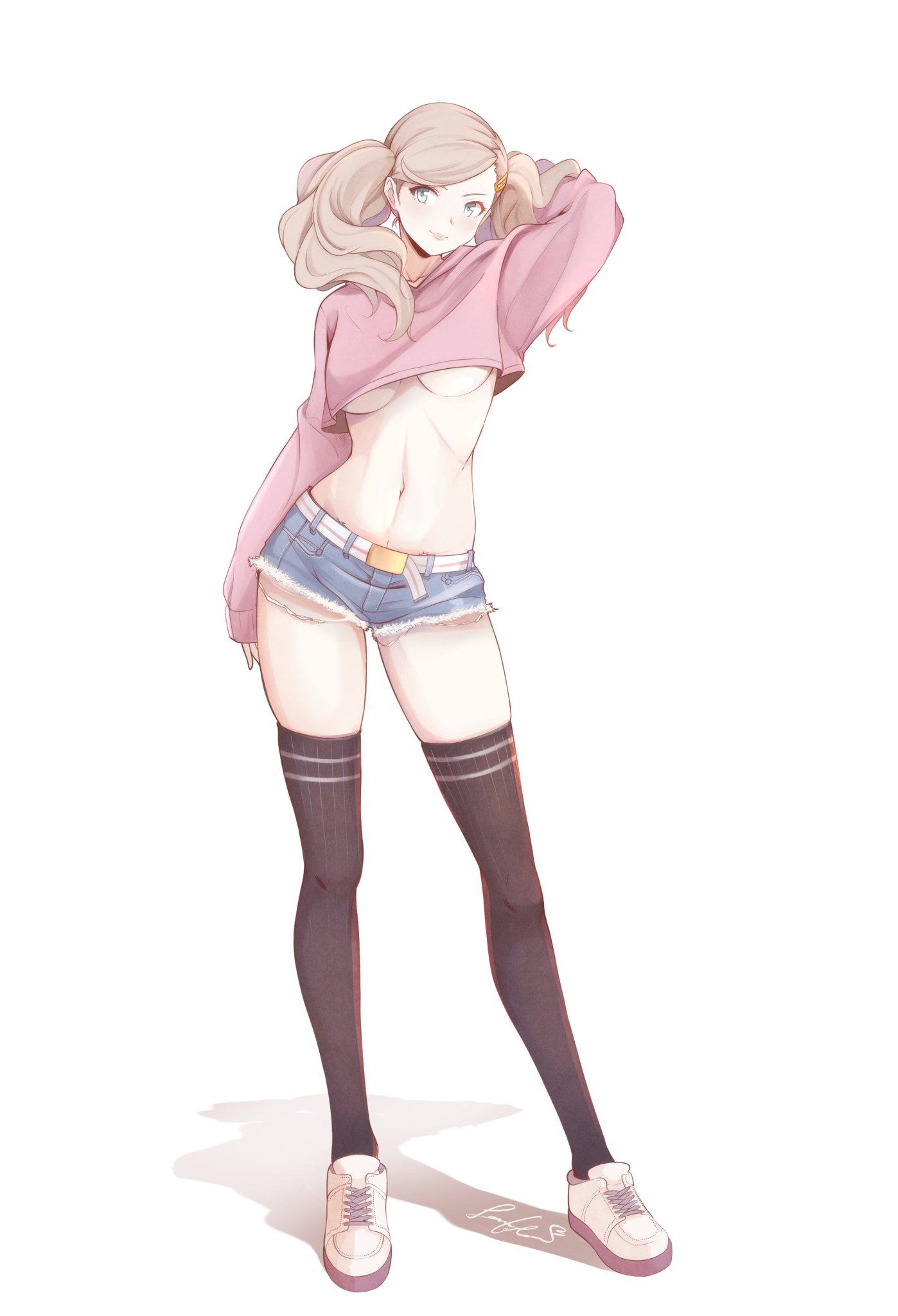 1girls, ann takamaki, blonde hair, bottomwear, breasts, clothed, clothing, crop top, female, jean shorts, midriff, no bra, persona, persona 5, pink shirt, senacolada, shoes, short shorts, shorts, solo, solo female, tennis shoes, thighhighs, topwear, twintails, underboob