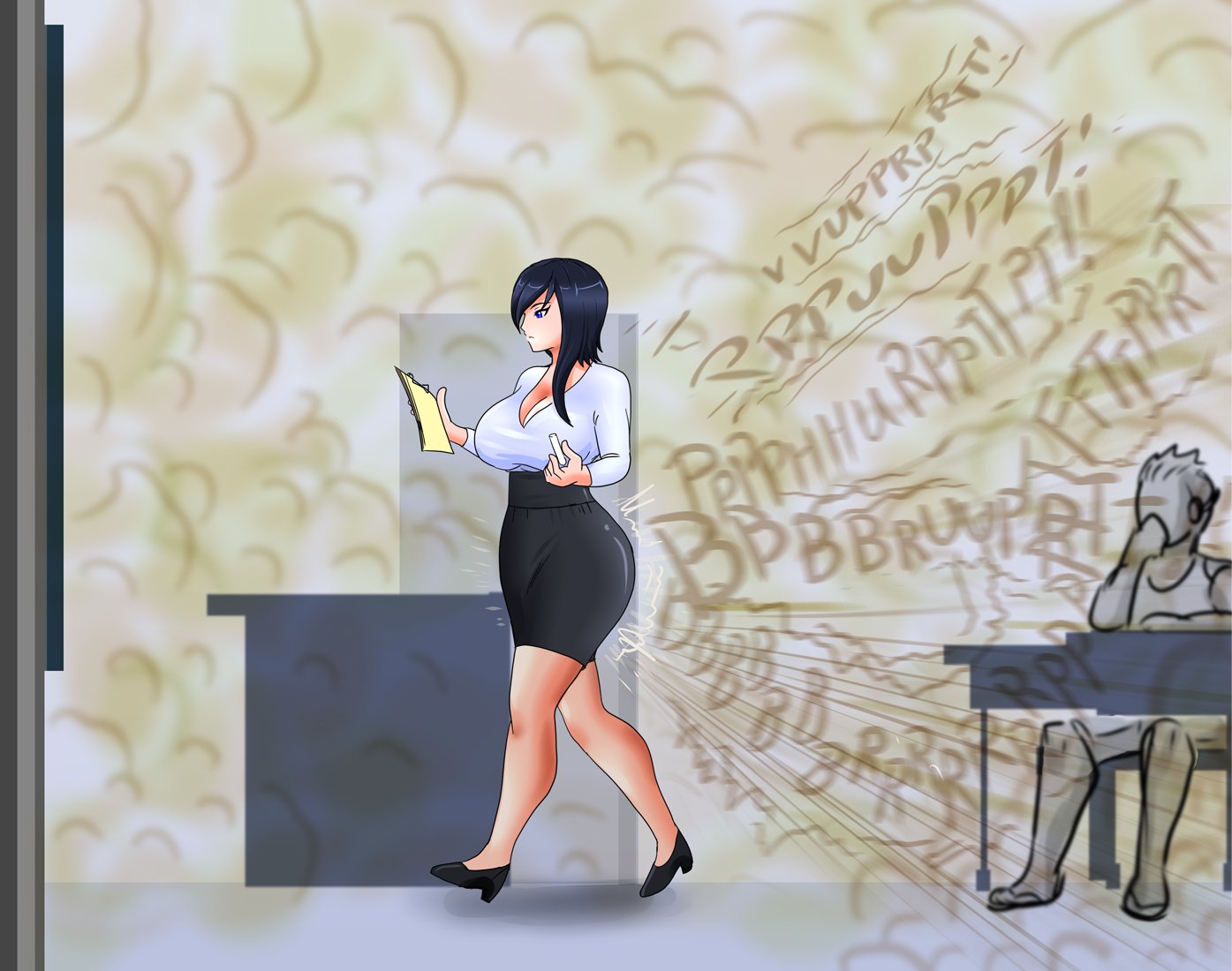 ass, big breasts, black hair, breasts, fart, fart cloud, fart fetish, farting, female, female focus, large breasts, leshawk, teacher