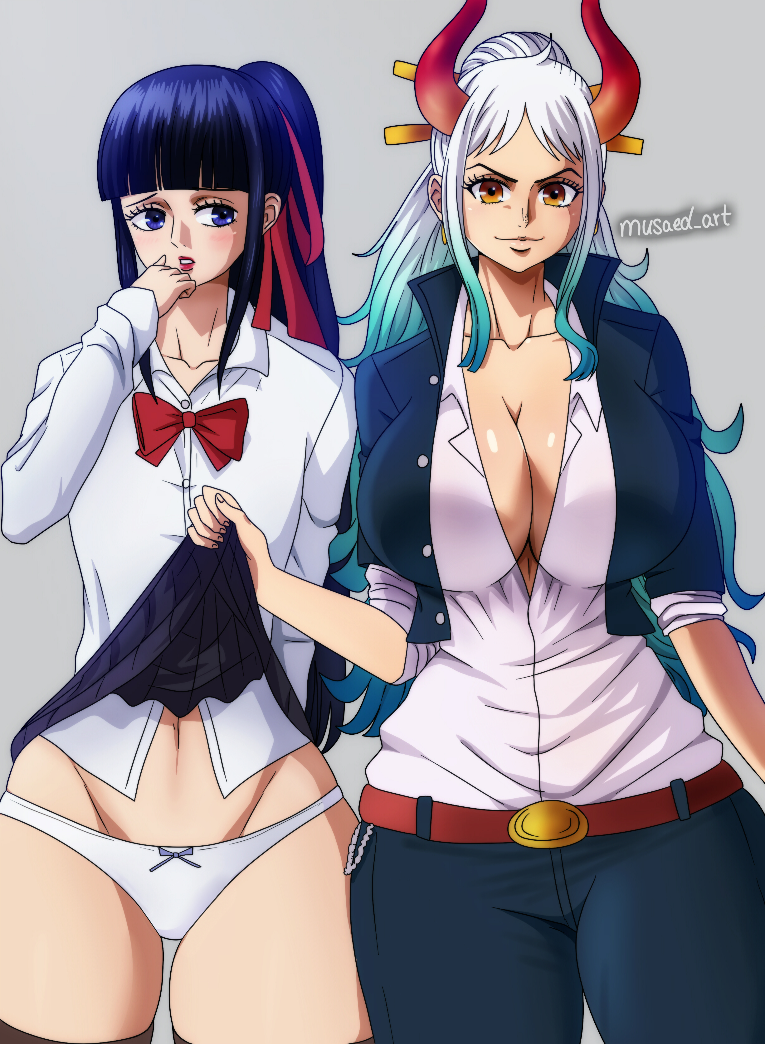 1boy, 1girls, belt, big breasts, blue hair, breasts, crossdressing, eye contact, female, female on femboy, femboy, femboy on female, feminine male, girly, horns, huge breasts, kikunojo, legwear, lifted by another, long hair, looking at viewer, male, multicolored hair, musaed art, one piece, otoko no ko, panties, pants, ponytail, school uniform, schoolboy, schoolgirl, shirt, shounen jump, skirt, skirt lift, standing, straight, thighhighs, thighs, two-tone hair, white hair, white-haired female, wide hips, yamato (one piece)