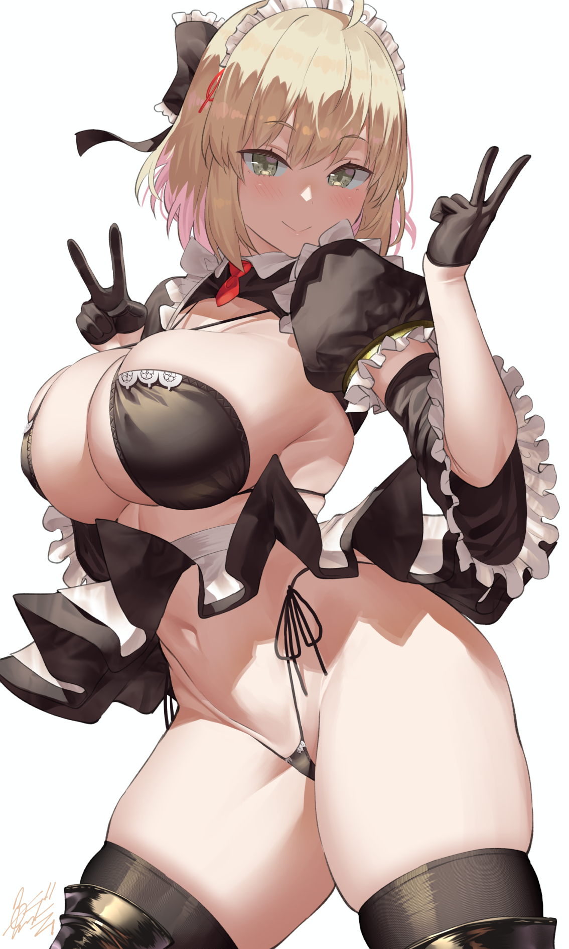 1girls, 2022, ahoge, belly button, bikini, bikini bottom, bikini top, black bikini, blonde hair, breasts, cleavage, double v, fate (series), fate/grand order, female, female only, hi res, highleg bikini, hips, huge breasts, maid, maid bikini, maid headdress, maid outfit, massive breasts, okita souji (fate), okita souji (fate) (all), peace sign, revealing clothes, short hair, short skirt, side-tie bikini, skindentation, skirt, slim waist, smile, thick thighs, thighhighs, thighs, uo denim, v, wide hips