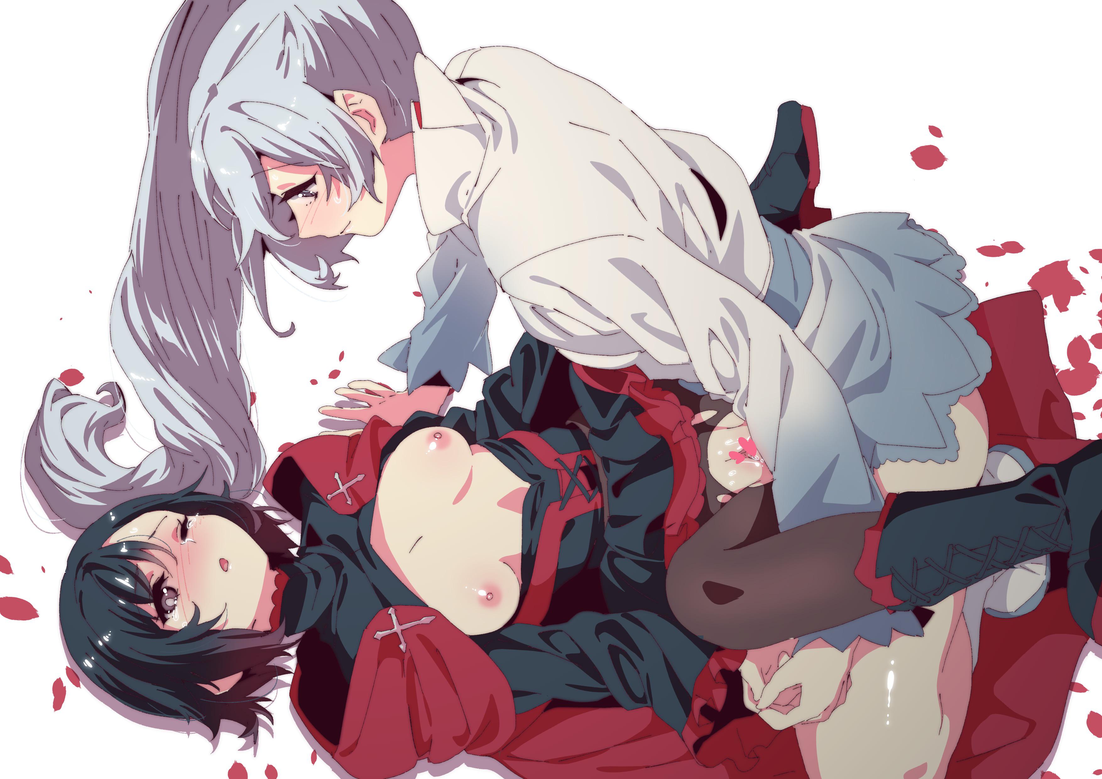 1futa, 2girls, breasts, breasts out, censored, ecoman, female, futa on female, futanari, gentle femdom, hahahawo, human, intersex, long hair, rose petals, ruby rose, rwby, short hair, tears, vaginal penetration, weiss schnee, white hair