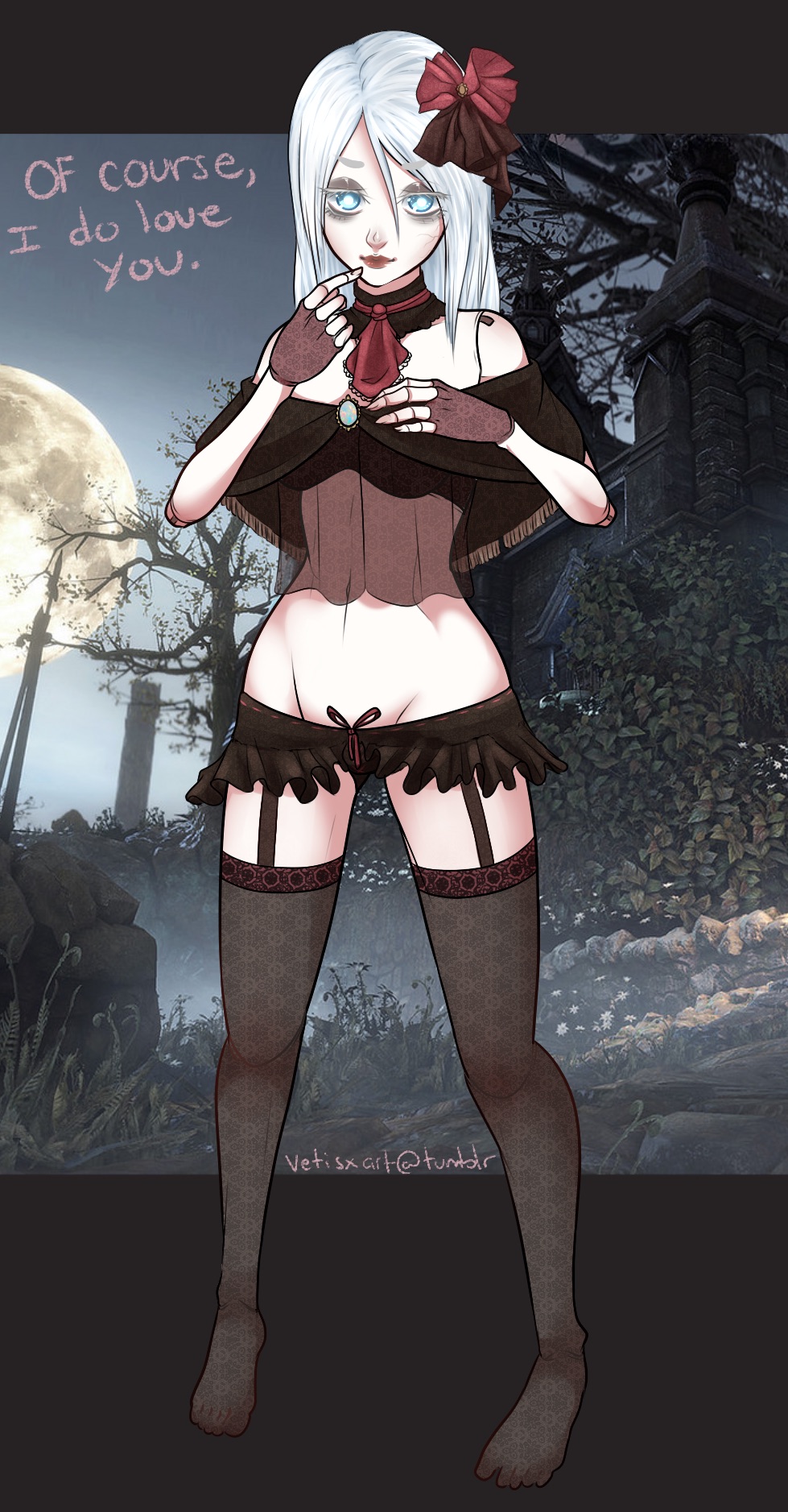 bare_shoulders bloodborne blue_eyes detached_collar doll doll_joints english_text eye_bags female female_only finger_to_mouth fingerless_gloves fromsoftware full_body garter_straps gloves hair_ornament lace-trimmed_thighhighs lingerie long_hair looking_at_viewer off_shoulder pale-skinned_female pale_skin plain_doll sheer_legwear smile solo standing stockings thighhighs vetisx white_hair