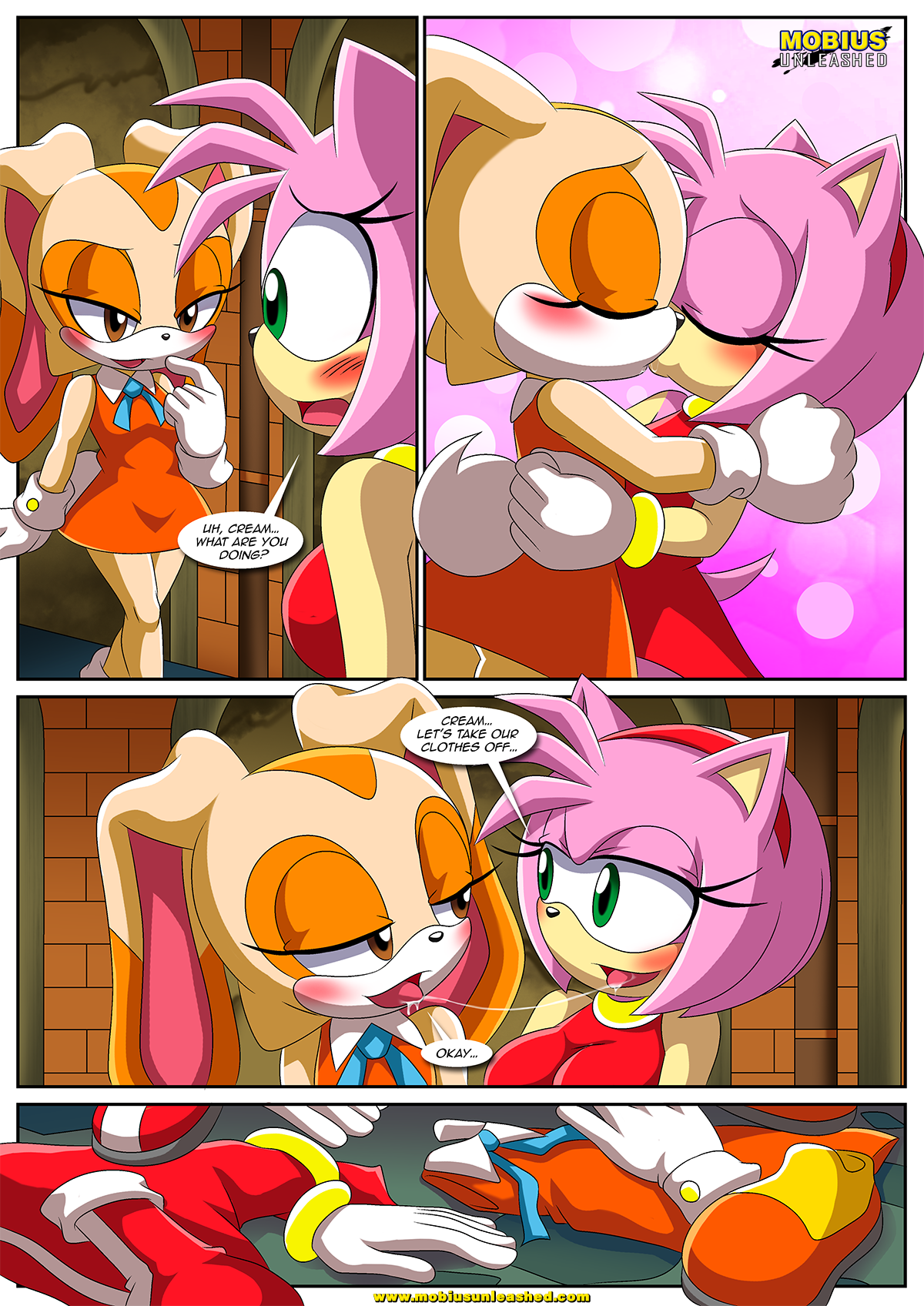 2girls, amy rose, bbmbbf, blush, clothing, comic, comic page, cream the rabbit, dress, female, female only, female/female, kissing, mobius unleashed, palcomix, sega, sonic (series), sonic the hedgehog (series), the mayhem of the kinky virus 2 (comic), yuri