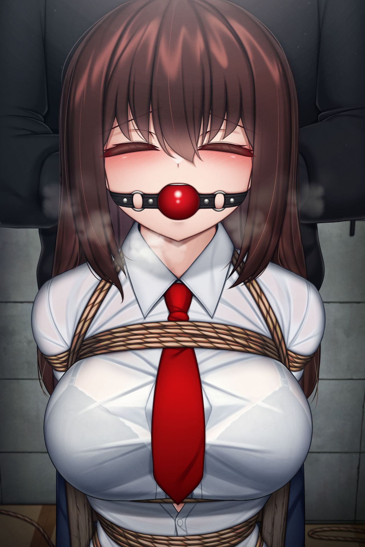 ball_gag bondage bra_visible_through_clothes brown_eyes brown_hair closed_eyes gag gagged open_mouth plusout red_tie soi_(plusout) stuffed_mouth_gag white_button_down_shirt work_clothes