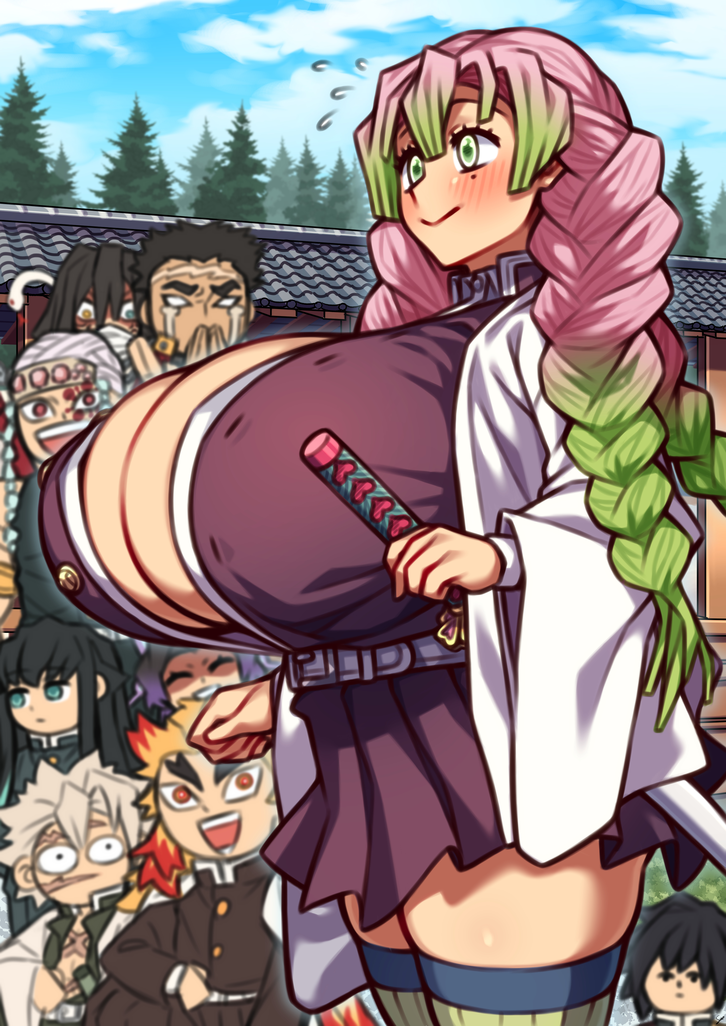 2girls, 7boys, alternate breast size, barely contained breasts, being watched, big breasts, blush, breasts, breasts bigger than head, coffeelove68, demon slayer, female, girl staring at guy's chest, green eyes, high resolution, himejima gyomei, huge breasts, iguro obanai, kanroji mitsuri, kimetsu no yaiba, kochou shinobu, legwear, long hair, male, massive breasts, meme, muichiro tokitou, multiple boys, multiple females, multiple girls, multiple males, pink and green hair, rengoku kyoujurou, sanemi shinazugawa, standing, thick thighs, thighhighs, thighs, tomioka giyuu, twin braids, two-tone hair, uzui tengen, voluptuous