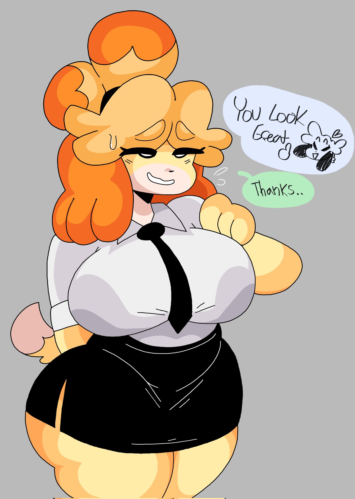 2022, animal crossing, anthro, ass, big breasts, black tie, blush, bottomless, bottomless skirt, breasts, bubble ass, bubble butt, canid, canine, canis, dialogue, digby (animal crossing), dork boi, english text, female, fur, furry, grey background, huge breasts, isabelle (animal crossing), lewd dorky, nintendo, opposite sex twins, pussy, siblings, skirt, tagme, tail, text, text bubble, thick thighs, wide hips