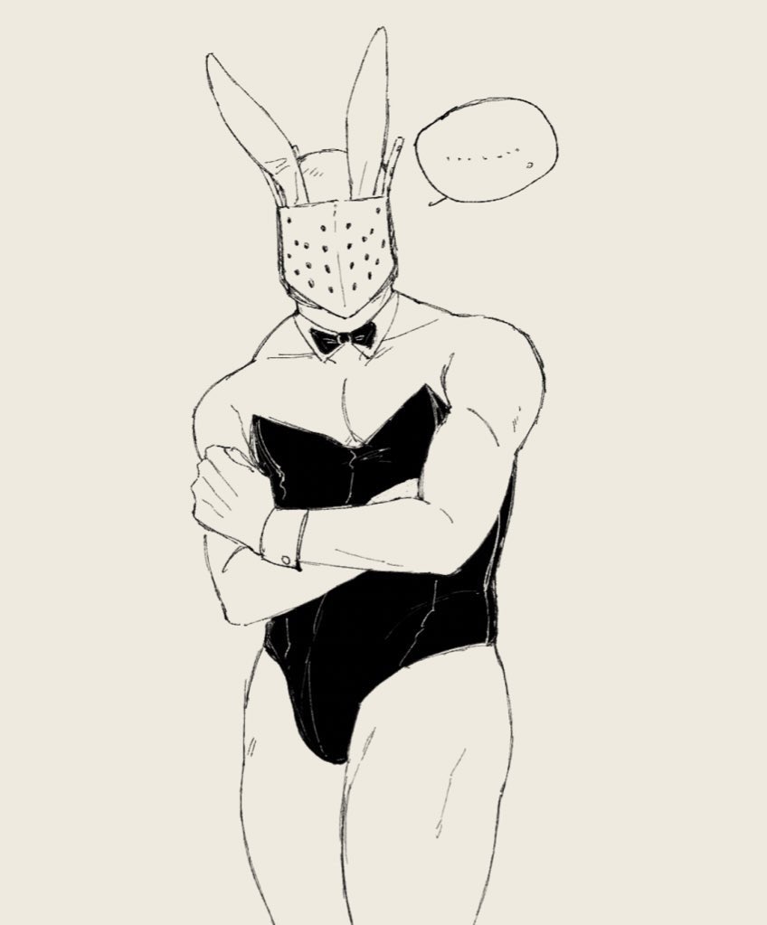 bowtie bunny_ears bunnysuit crossdressing crossed_arms dark_souls detached_collar fromsoftware helmet knight_lautrec_of_carim male male_only masked masked_male monochrome muscular muscular_male solo