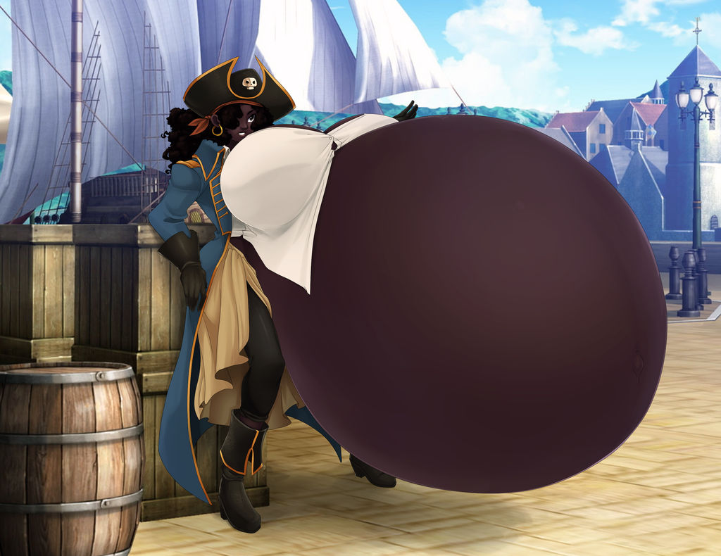 1girls belly big_belly black_hair breasts curly_hair dark-skinned_female dark_skin enormous_belly eyepatch female female_only huge_breasts hyper_pregnancy pirate pirate_hat pregnant saburox tight_clothing voluptuous