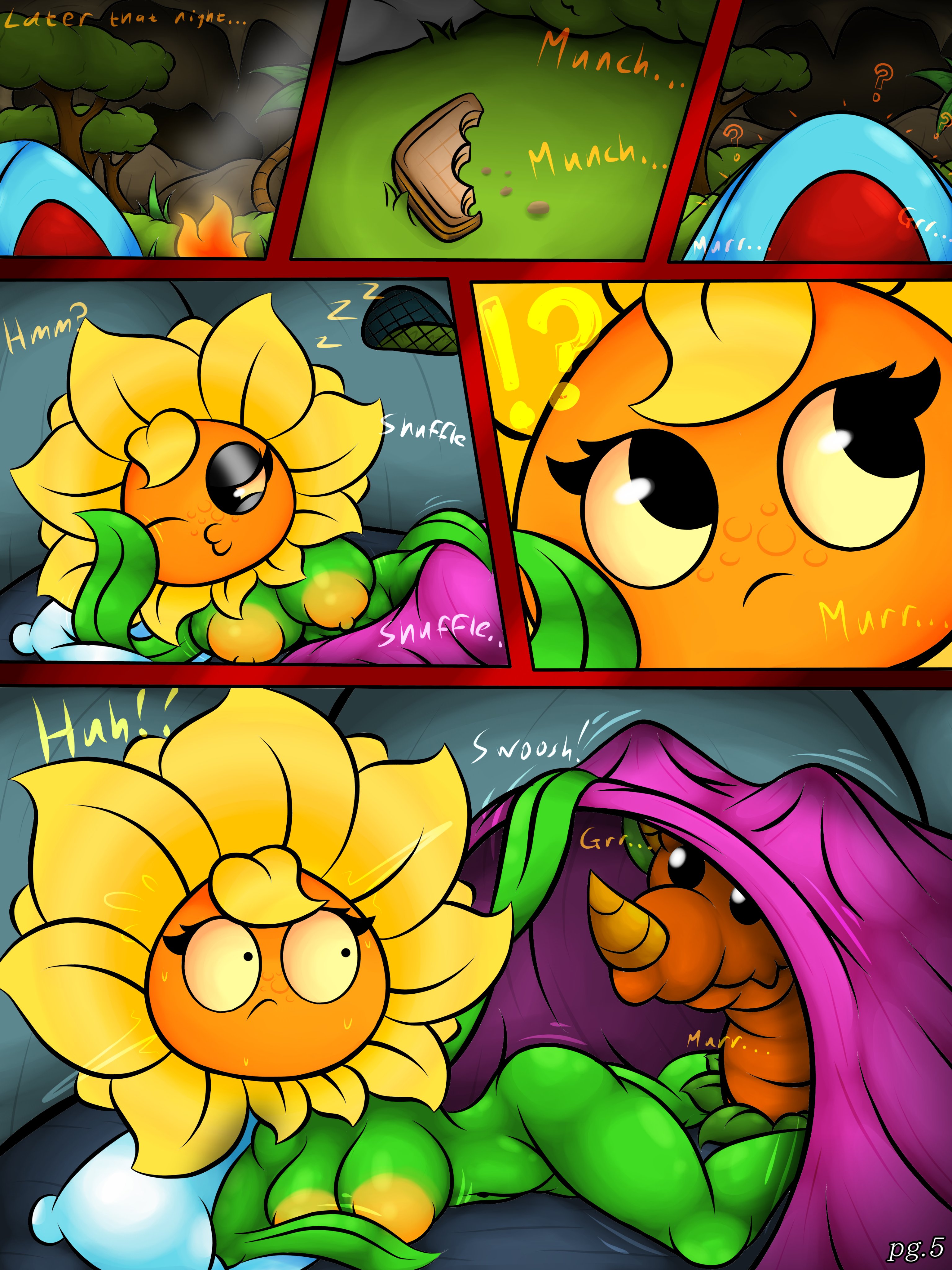 big breasts, big thighs, blobslimey, breasts, comic, dinosaur, female, flora fauna, green skin, naked, plant, plant girl, plantie, plants vs zombies, plants vs zombies: heroes, popcap, pvz, solar flare (pvz), sunflower (pvz), surprised expression, tricarrotops, waking up