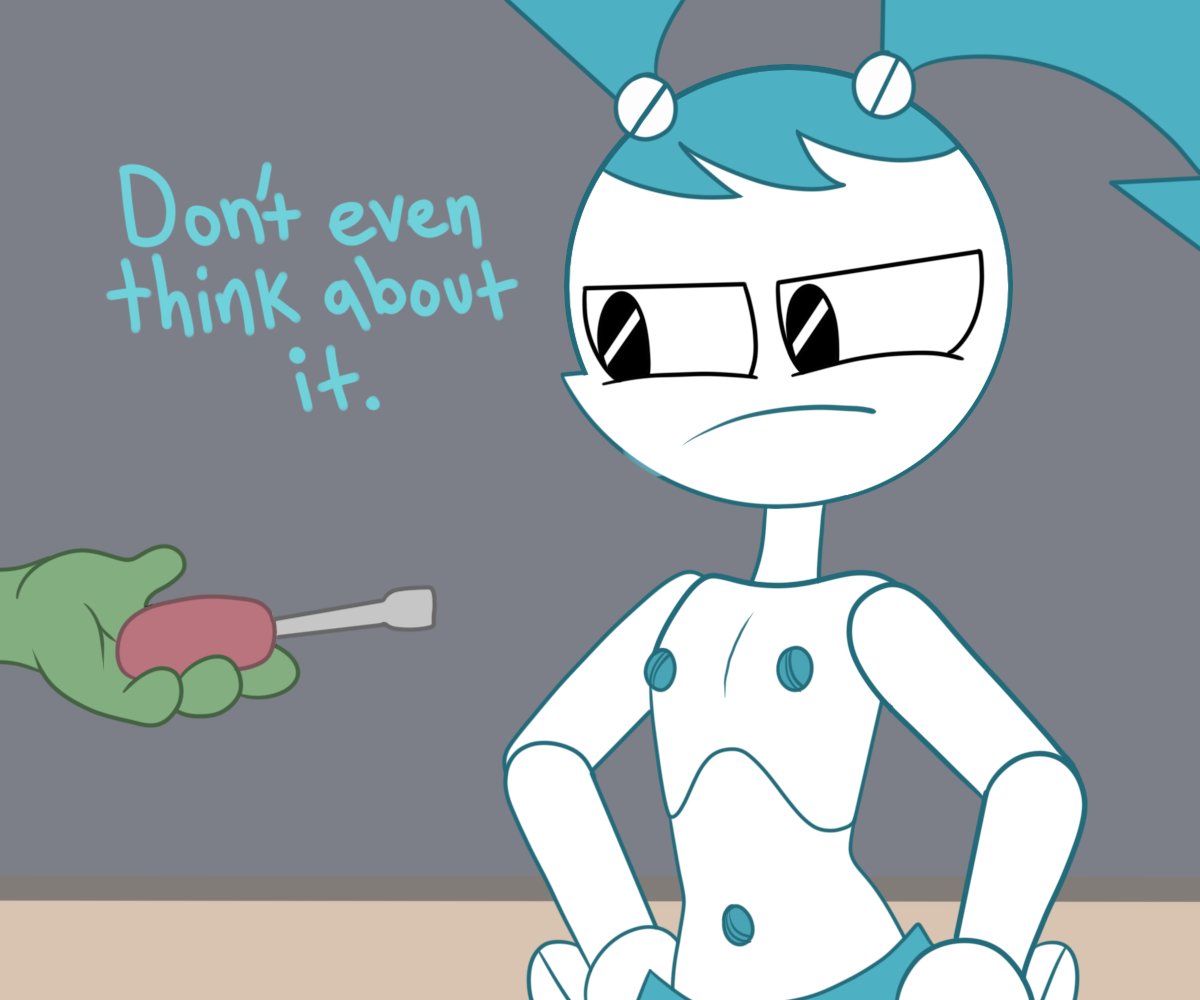 blue_hair bolts flat_chest frown hands_on_hips jenny_wakeman my_life_as_a_teenage_robot nipples offscreen_character robot scheissegeist screw_nipples screwdriver text topless xj-9