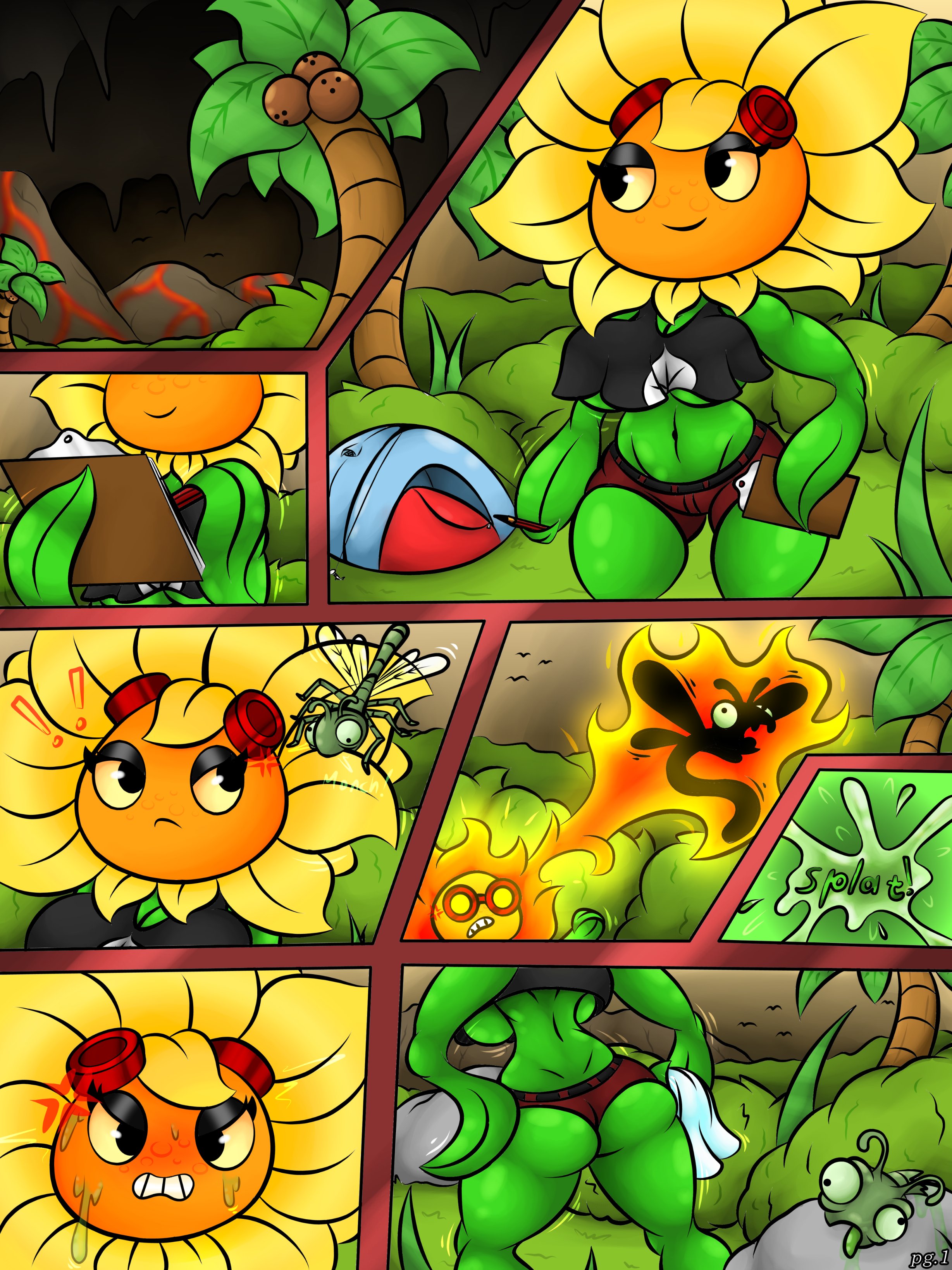 big breasts, big thighs, blobslimey, breasts, comic, female, flora fauna, green skin, plant, plant girl, plantie, plants vs zombies, plants vs zombies: heroes, popcap, pvz, short shorts, shorts, solar flare (pvz), sunflower (pvz)