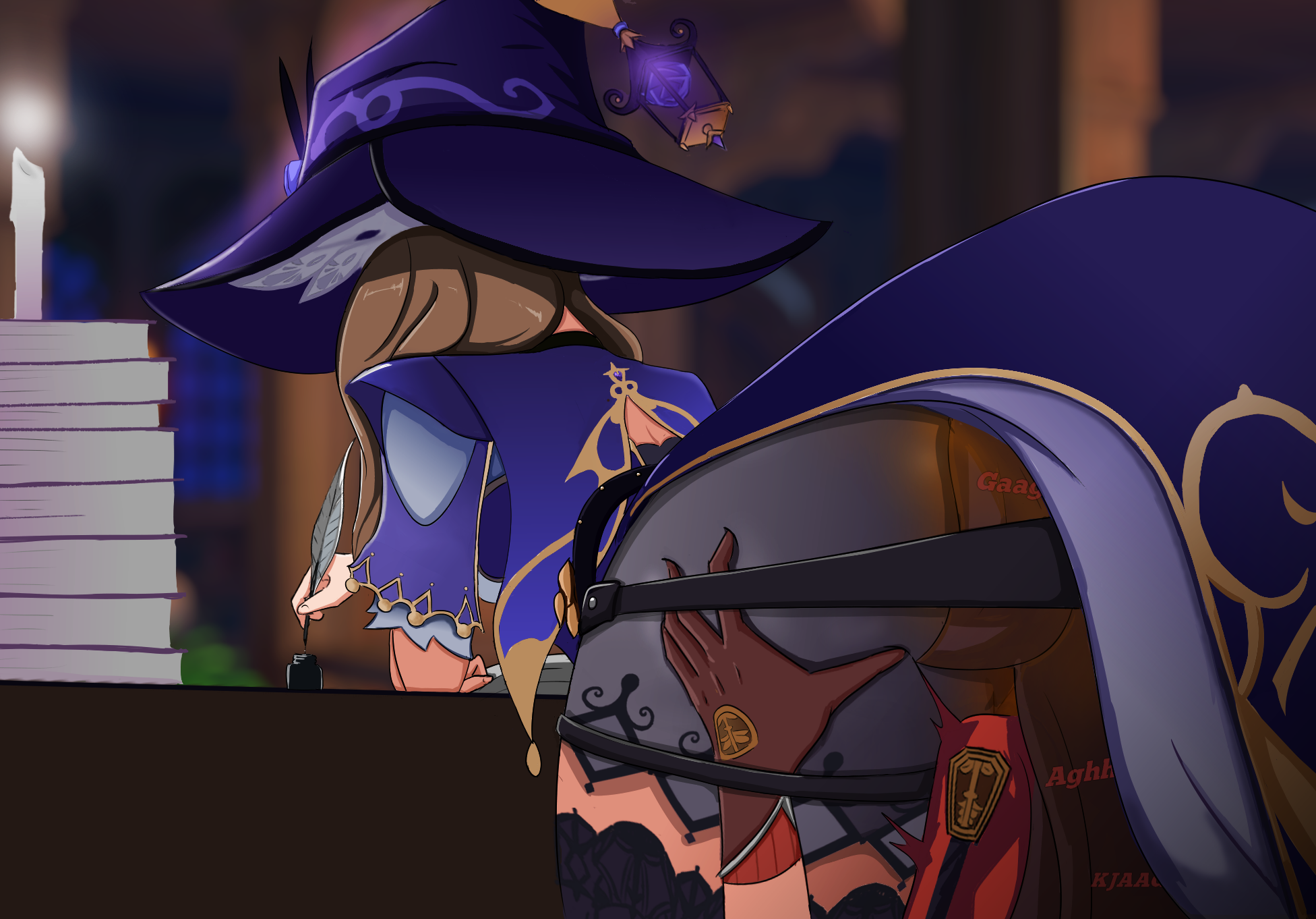 2girls, amber (genshin impact), ass on face, bondage, brown hair, eating ass, fart, farting in face, female, fetish, genshin impact, gloves, lisa (genshin impact), mihoyo, multiple females, multiple girls, sniffing ass, witch hat, yuri