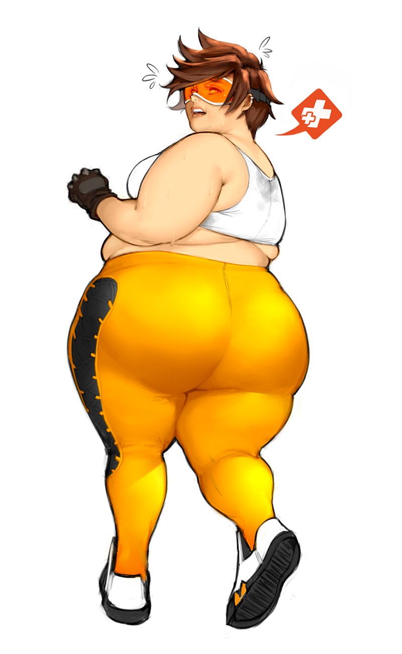 alternate ass back_view big_ass chubby fat fat_rolls from_behind gloves goggles heavy_breathing huge_ass looking_back obese overwatch overweight pewbutt shoes short_hair standing sweat tank_top thick_thighs tight_pants tracer white_background