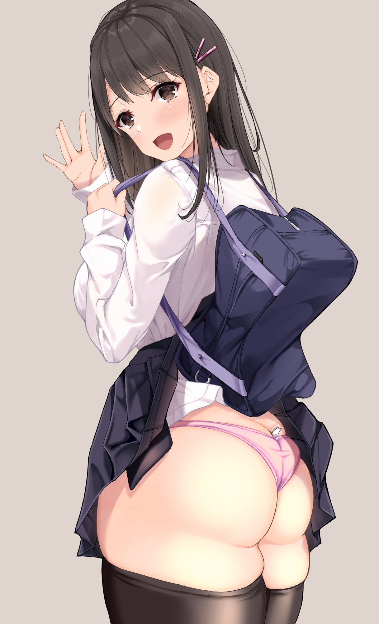 1girls ass big_ass big_breasts breasts brown_hair busty dat_ass fukuda_shuushi greeting large_breasts long_hair looking_at_viewer open_mouth panties pink_panties school_uniform schoolgirl skirt skirt_lift smile thick_thighs thighhighs thighs voluptuous