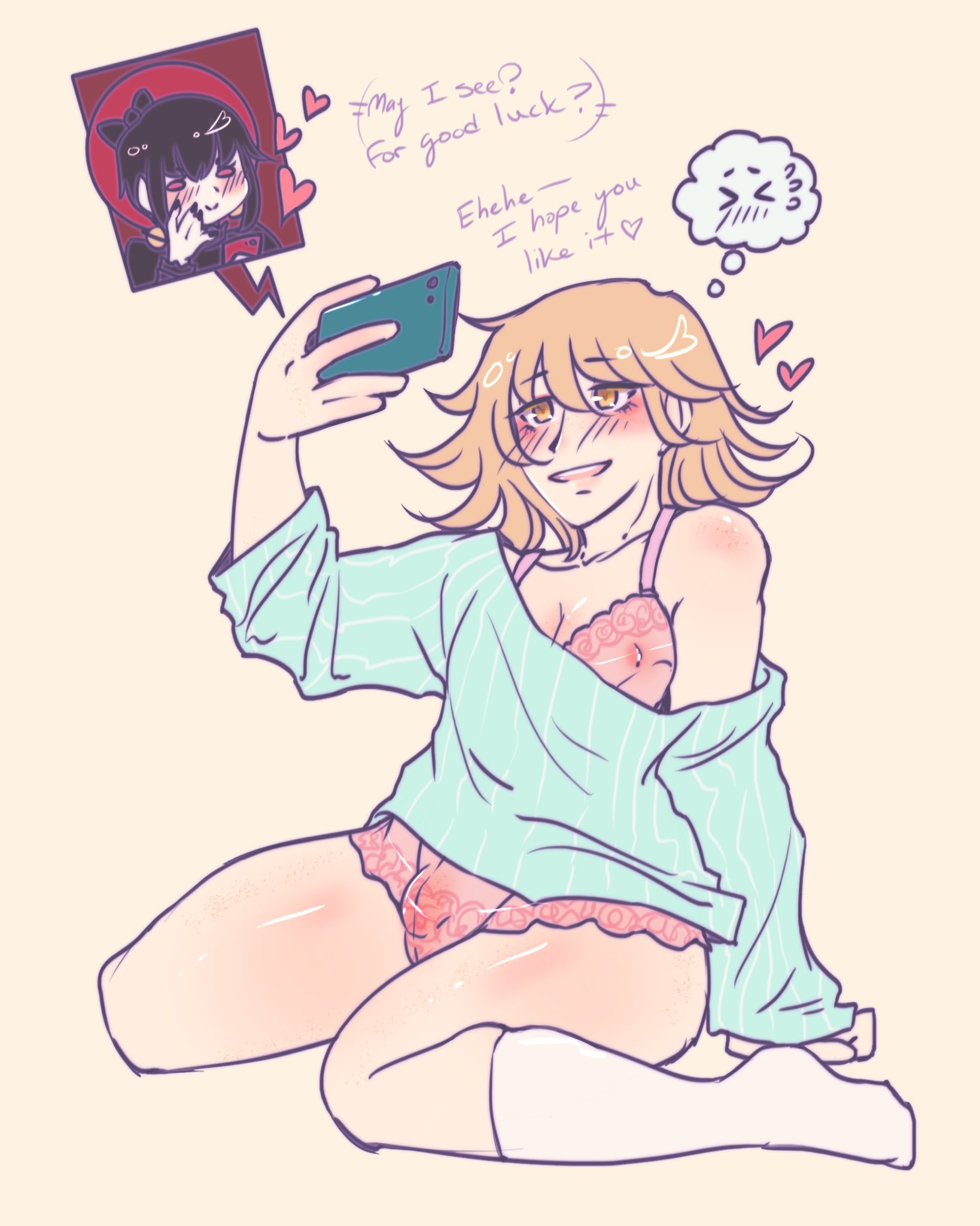 1boy, 1girls, bangs, brown hair, bulge, celestia ludenberg, crossdressing, danganronpa, danganronpa: trigger happy havoc, dialogue, english text, female, femboy, fujisaki chihiro, girly, goth, goth girl, goth tomboy, gothic lolita, light skin, lingerie, male, male focus, medium hair, metalljellyfish, phone, smooth skin, solo focus, stockings, text, tomgirl, wariza, yellow eyes