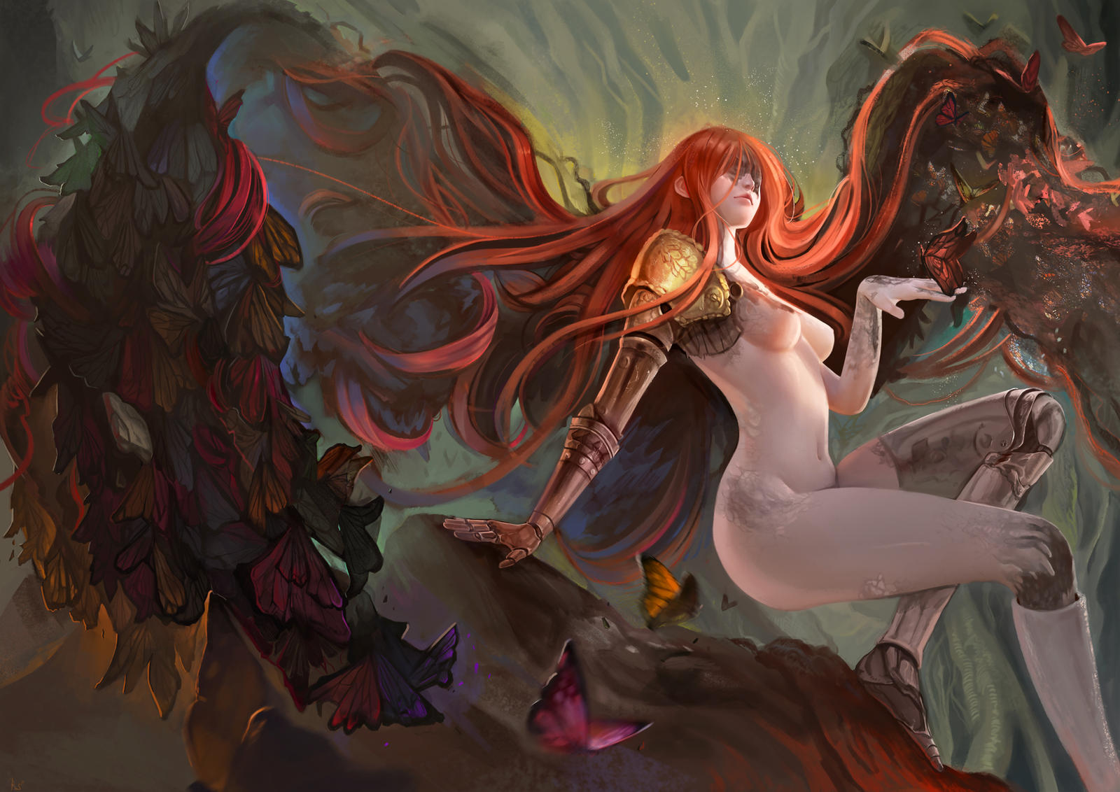 1girl, 1girls, 2022, amputee, bare breasts, belly button, better version available, breasts, bug, butterfly, casual nudity, closed mouth, completely nude, covered eyes, elden ring, eyes covered, female, female focus, female only, floating hair, fromsoftware, highres, insect, leaning, leaning on hand, leaning on object, long hair, looking at viewer, malenia blade of miquella, naked, naked female, navel, nipples, nude, nude female, only female, painting (artwork), prosthesis, prosthetic, prosthetic arm, prosthetic leg, prosthetic limb, razor-sensei, red hair, red hair female, redhair, redhead, redhead female, redheaded female, rock, simple background, sole female, solo, solo female, solo focus, stone, tree, very long hair, weapon, wings