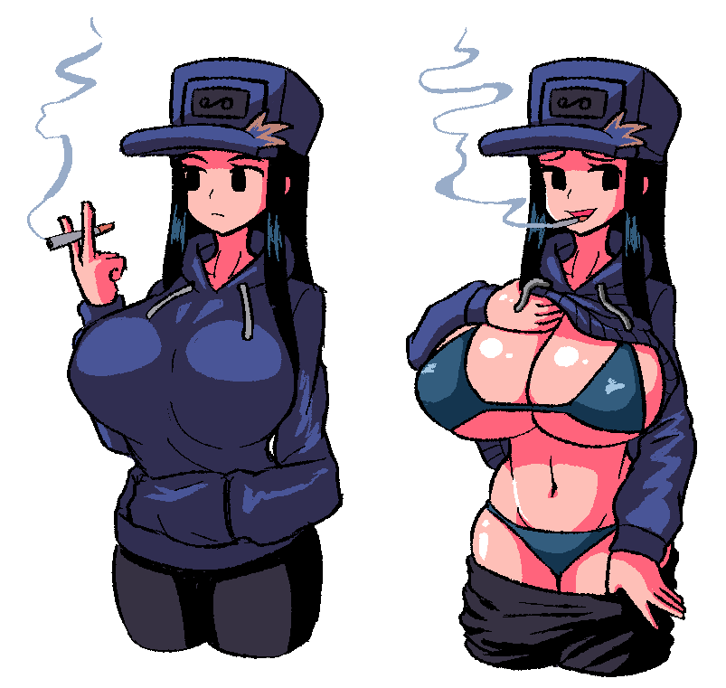 1girls bare_torso big_breasts bikini black_hair blue_bikini bra breasts cassette_girl cigarette dracoarcto exposed_breasts female female_only friday_night_funkin friday_night_funkin_mod hoodie hoodie_lift long_hair mob_face newgrounds panties pulled_down_pants pulled_up_hoodie smoking