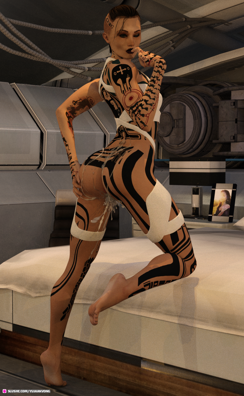 1girls 2022 3d after_sex after_vaginal arm_tattoo back_tattoo bed bedroom bioware black_hair black_lipstick bottomless cum cum_in_pussy cum_inside cum_running_down_leg fanart female female_only full-body_tattoo full_body_tattoo indoors jack_(mass_effect) leg_tattoo lipstick looking_at_viewer mass_effect medium_breasts on_bed sci-fi science_fiction short_hair slushe_(website) solo solo_female subject_zero tattoo winking winking_at_viewer yujaanvong