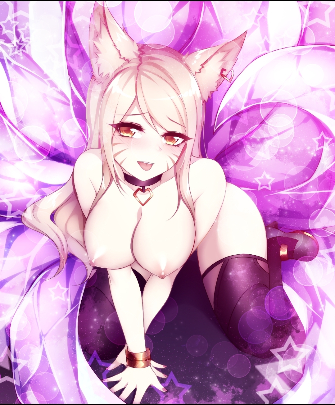 ahri, animal ears, breasts, choker, completely nude, female, foxykuro, k/da ahri, k/da series, league of legends, looking at viewer, nipples, nude, riot games, thighhighs